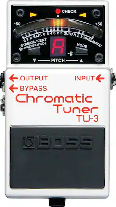 CHECK
-50 +50
0
3 b BASS 6 5 4 3 2 b GUITAR 2 b CHROMATIC
STREAM / CENTS (PRESS & HOLD)
MODE
PITCH
OUTPUT
INPUT
BYPASS
Chromatic Tuner
TU-3
BOSS