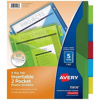 **PET8 11924 PROJECTS Calendar NOVEMBER**

- **Laser Inkjet**
- **5 TABS**
- **1 SET**
- **5 Big Tab Insertable 2 Pocket Plastic Dividers**
- **1.5x more printing space on tab**
- **Durable tear resistant plastic**
- **AVERY**

**Free Easy-To-Use Avery Templates**
- **avery.com/print**
- **11906**

**Uhe**