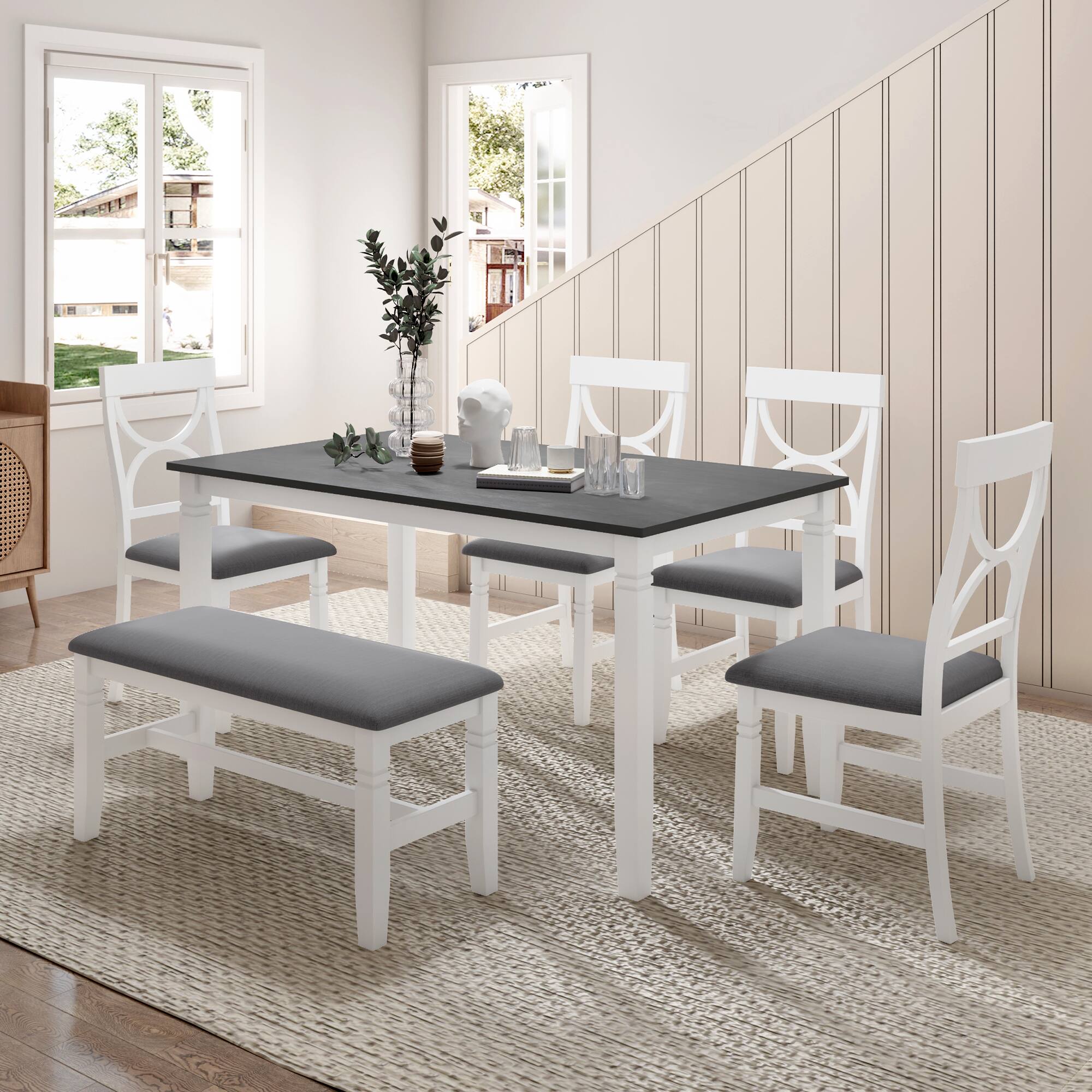 Loheer Farmhouse Dining Set for Six, 60 Inch Rectangular Table with ...