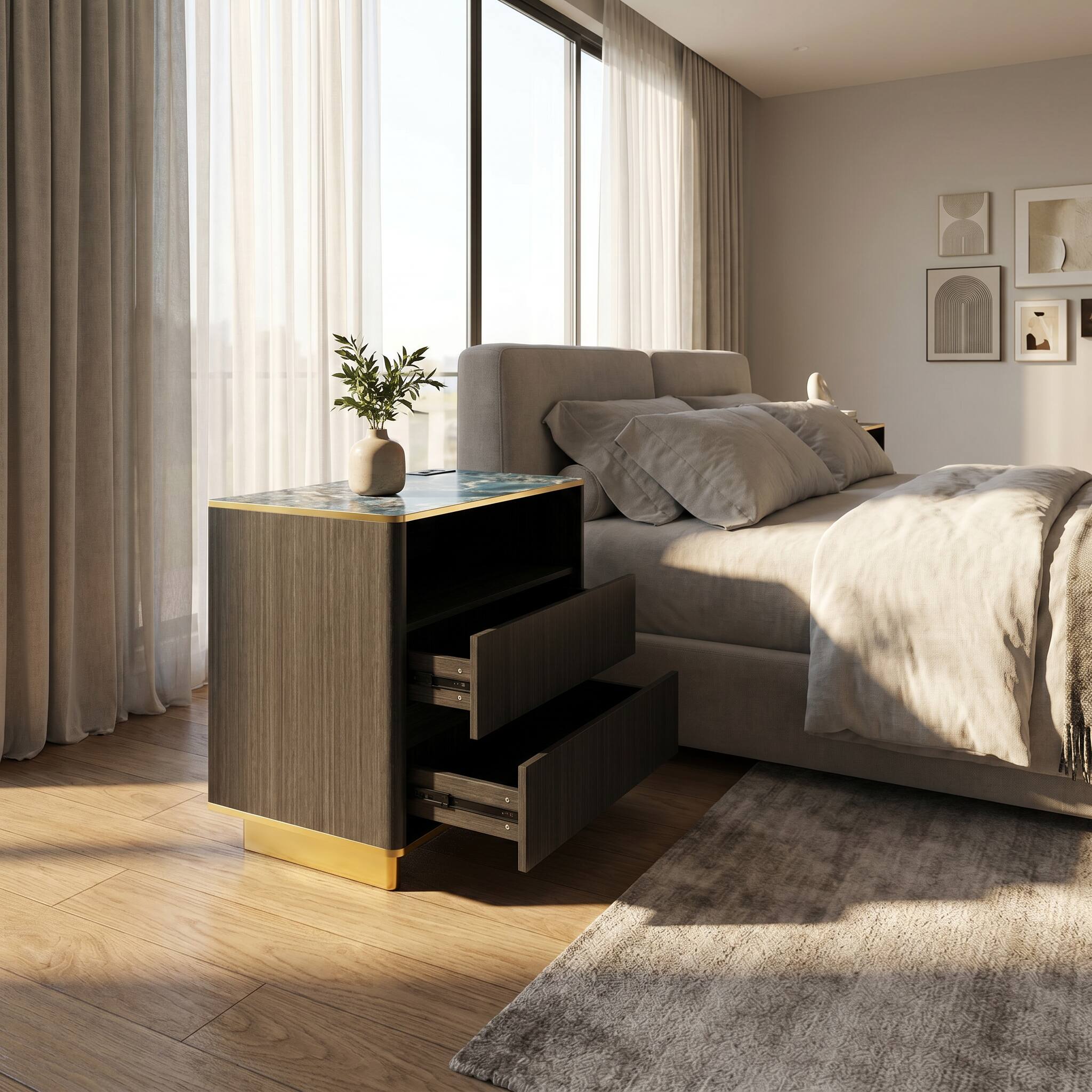 Angle. Famapy - Modern Nightstand with LED Light & Charging Hub, Marble-Top Bedside Cabinet with Gold Legs & 2 Drawers Furniture - Black.