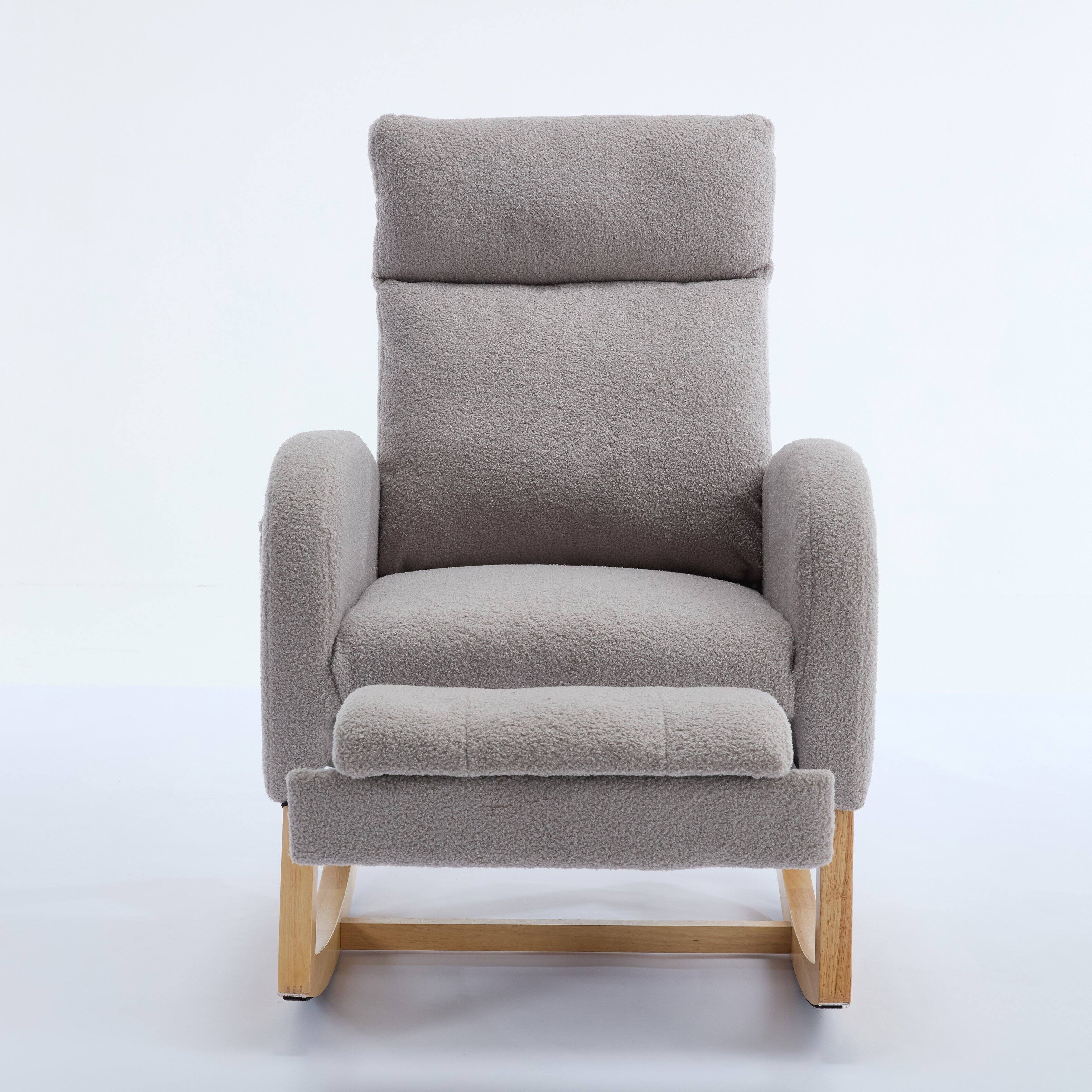 Back. Whisen - Teddy Fabric Ergonomic Rocking Chair with Adjustable Footstool - Light Gray.