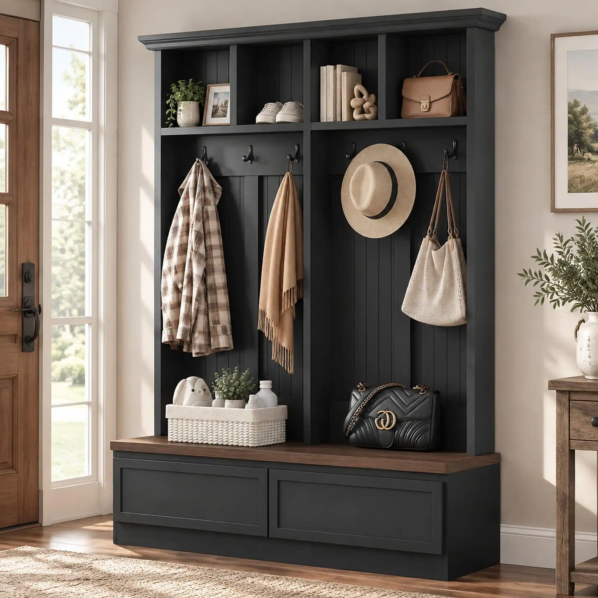 Front. RYHNUYNE - 4-in-1 Hall Tree, Wood Grain Bench, 2 Drawers, 6 Hooks, Black, 55.9 in Wide, Farmhouse Entryway Organizer - Black + Dark Walnut.