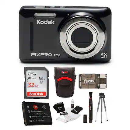 The image features a Kodak PIXPRO camera and its accessories. The camera is placed in the center of the image, surrounded by various items such as a SanDisk Ultra memory card, a rechargeable battery pack, and a focus lens. The memory card is located to the left of the camera, while the battery pack is positioned to the right. The focus lens is situated at the bottom right corner of the image. The arrangement of these items suggests that they are part of the camera's kit, providing additional functionality and convenience for the user.