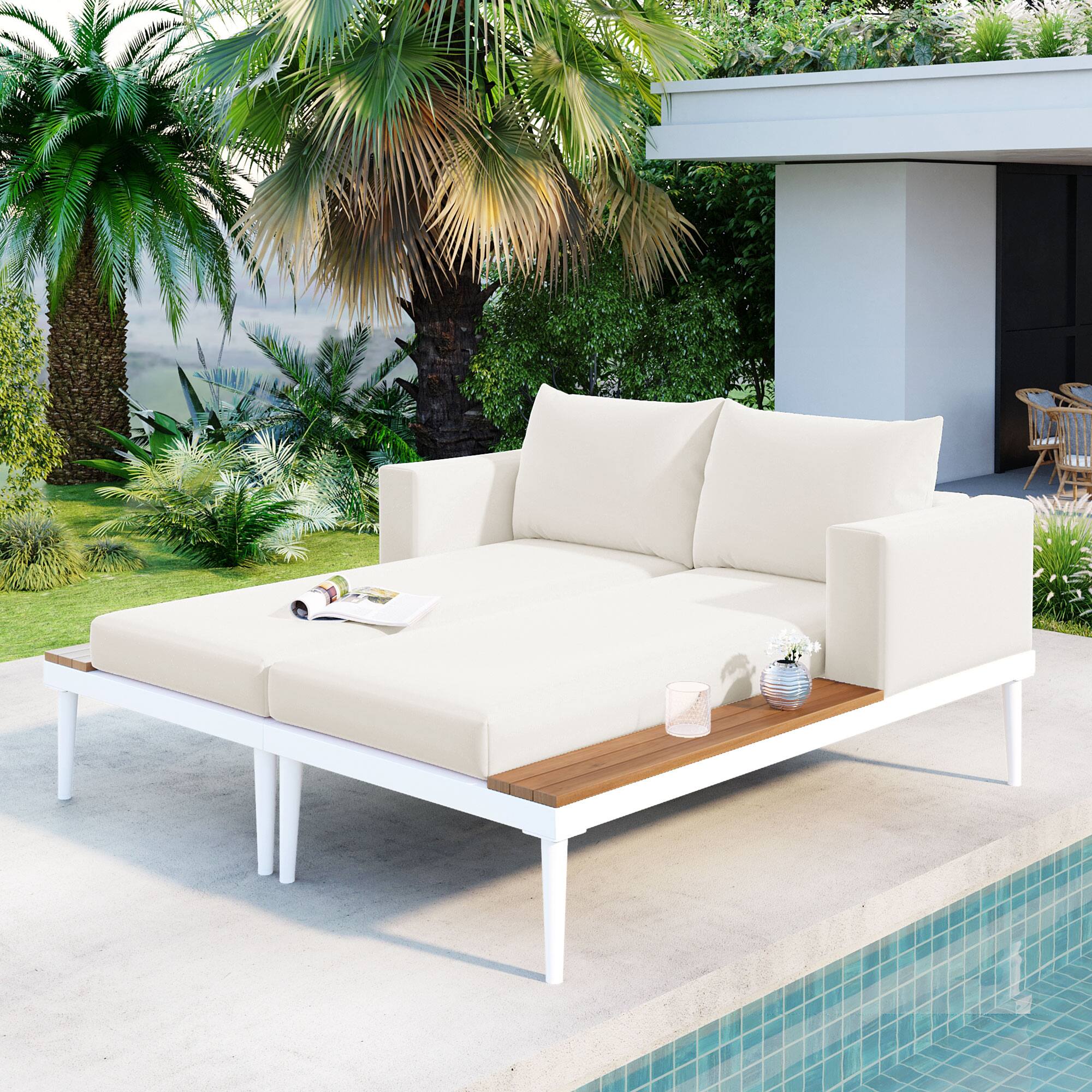 Front. Tiramisubest - Modern Outdoor Daybed with Wood Topped Side Spaces for Drinks,2 in 1 Padded Chaise Lounges for Poolside,Patio,Deck,Beige - Beige.