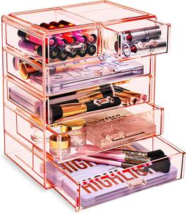Sorbus - Acrylic Makeup Organizer Case - Big Clear Makeup Organizer & Jewelry Storage for Vanity, Bathroom - Pink