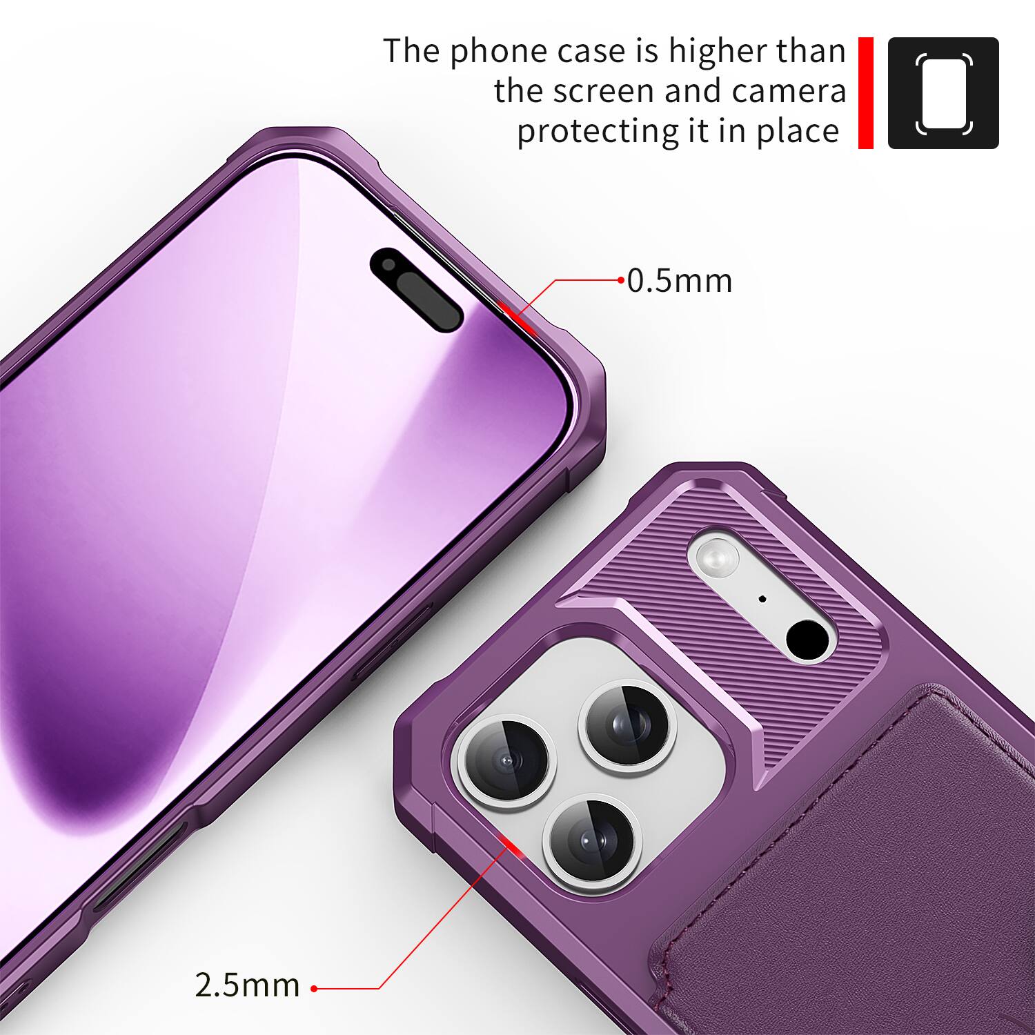The phone case is higher than the screen and camera protecting it in place. 0.5mm 2.5mm