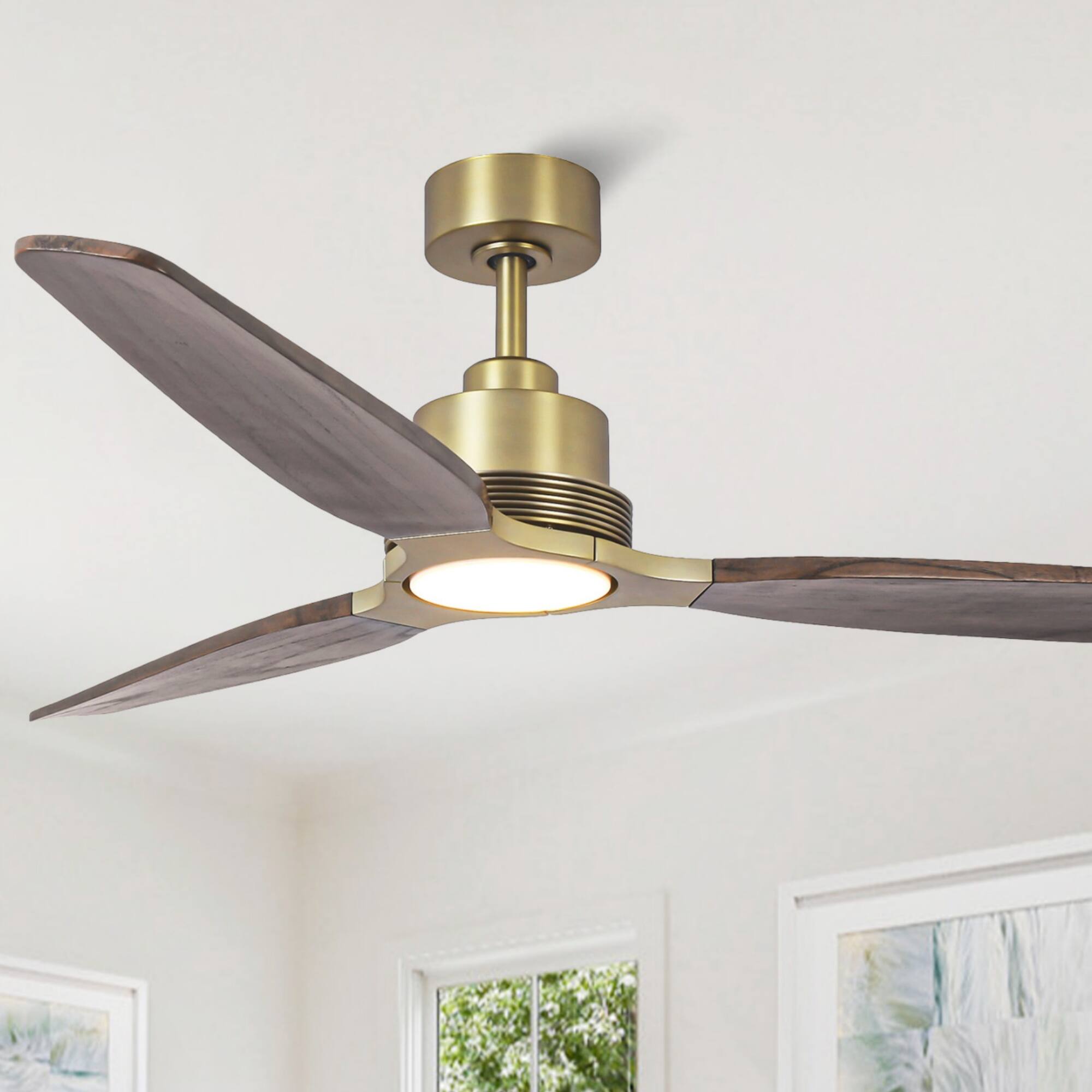 Front. Parrot Uncle - 56" Modern Solid Wood Diammable LED Gold Ceiling Fan with Remote and Light - Gold.