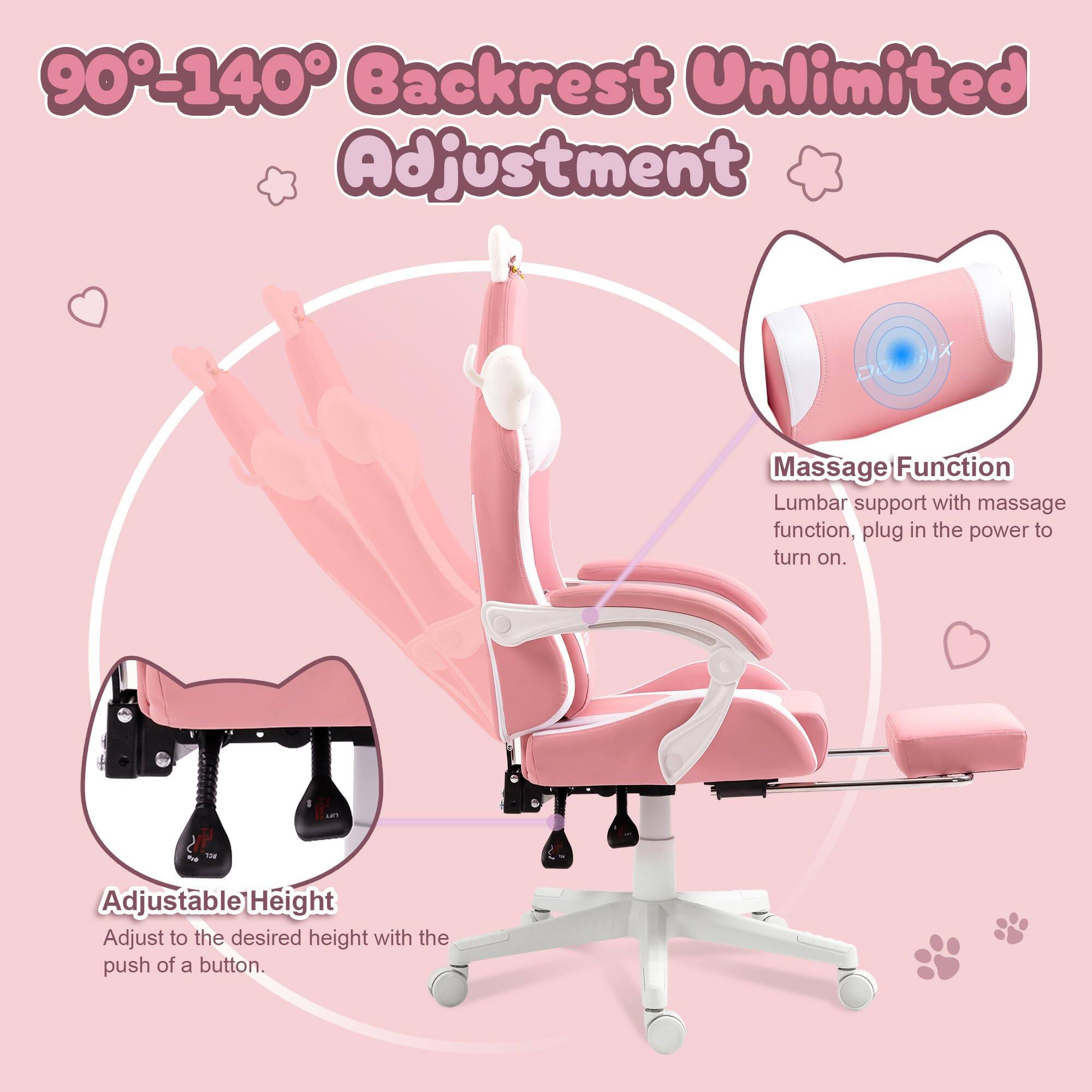 90°-140° Backrest Unlimited Adjustment

Massage Function
Lumbar support with massage function, plug in the power to turn on.

Adjustable Height
Adjust to the desired height with the push of a button.