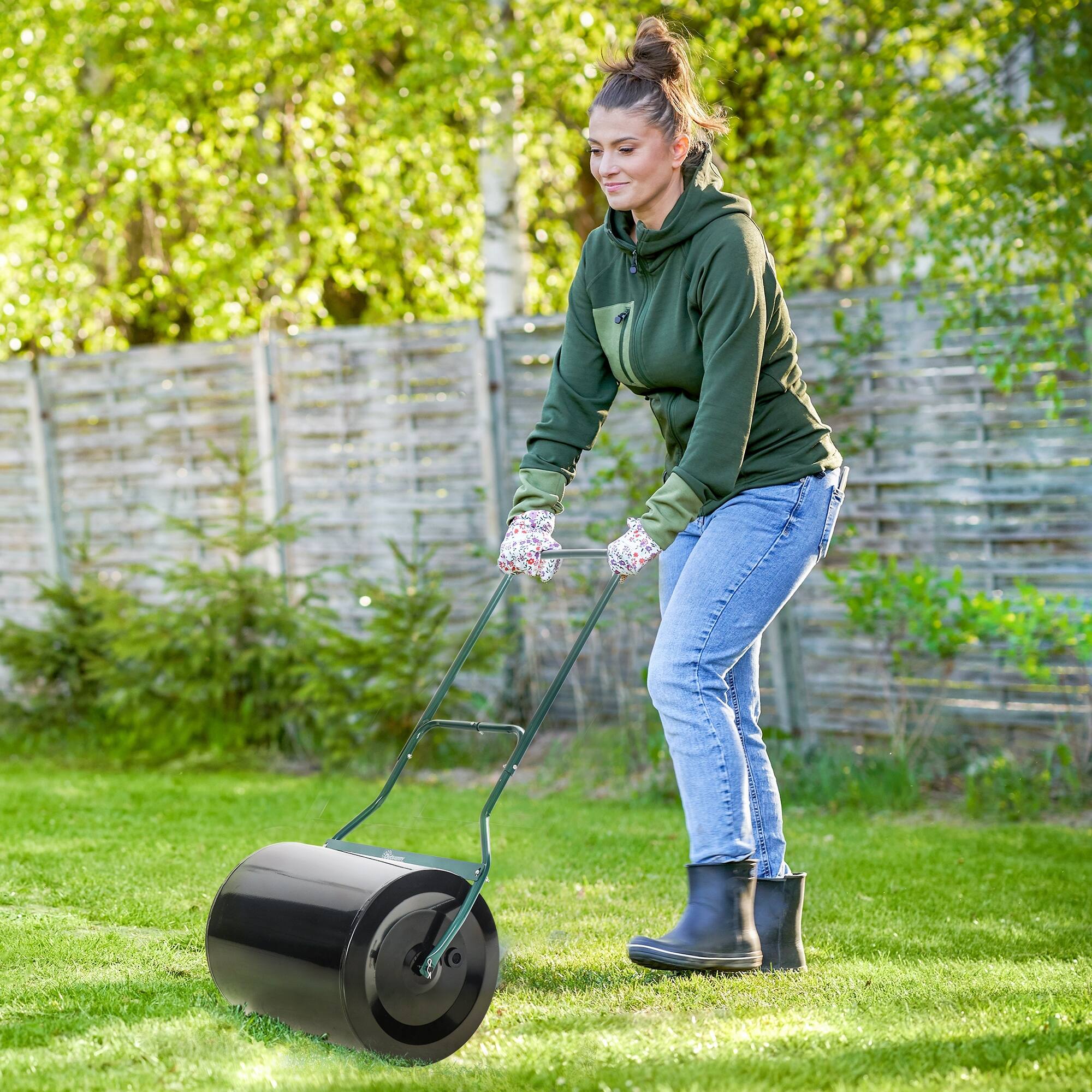 Alt View 1. Outsunny - 20-Inch Push/Tow Behind Lawn Roller Filled with 16 Gal Water or Sand, Perfect for Flattening Sod in the Garden - Green/Black.