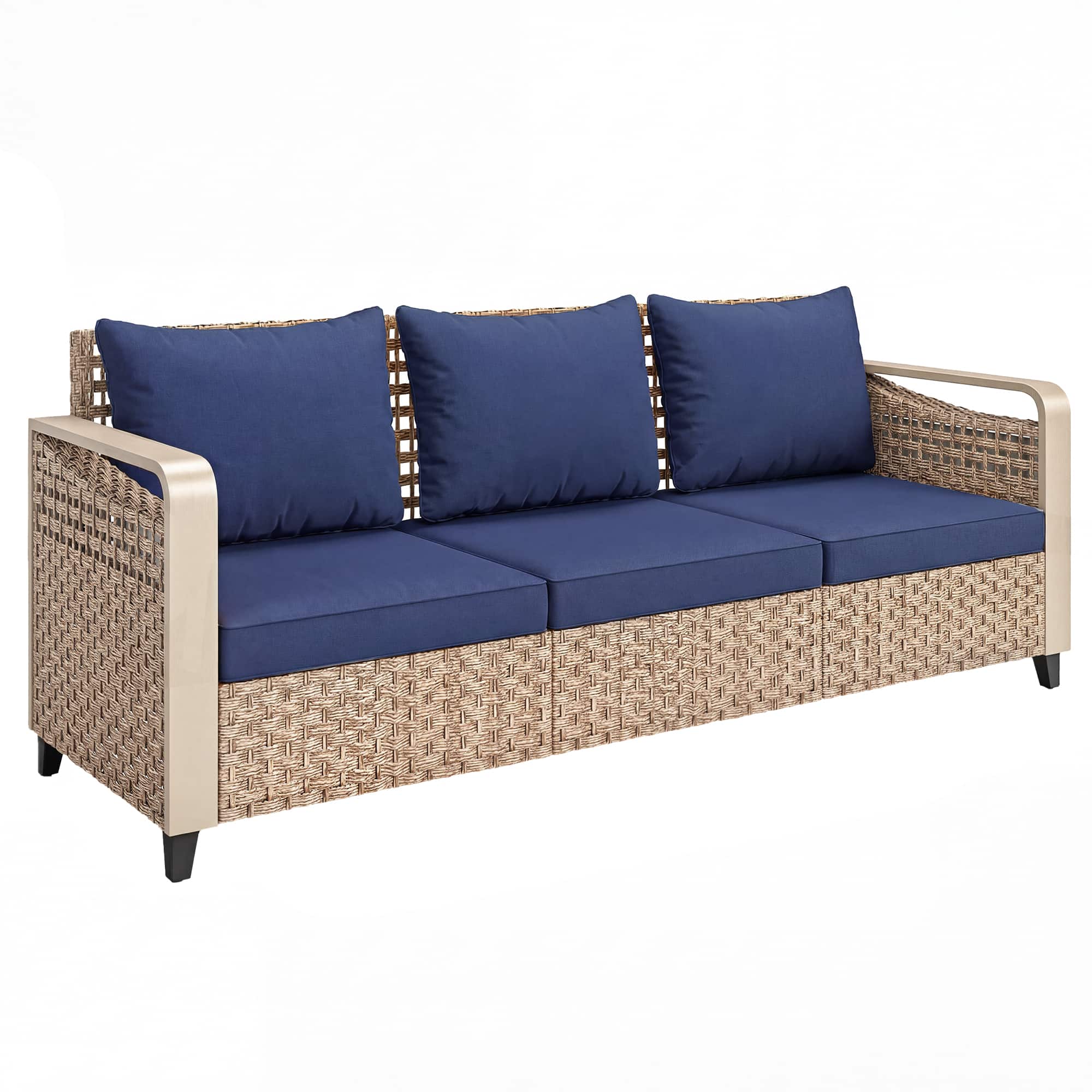 Outsunny - Wicker Sofa 3-Seater Outdoor Patio Sofa with Cushions for Garden Backyard Porch Dark - Blue
