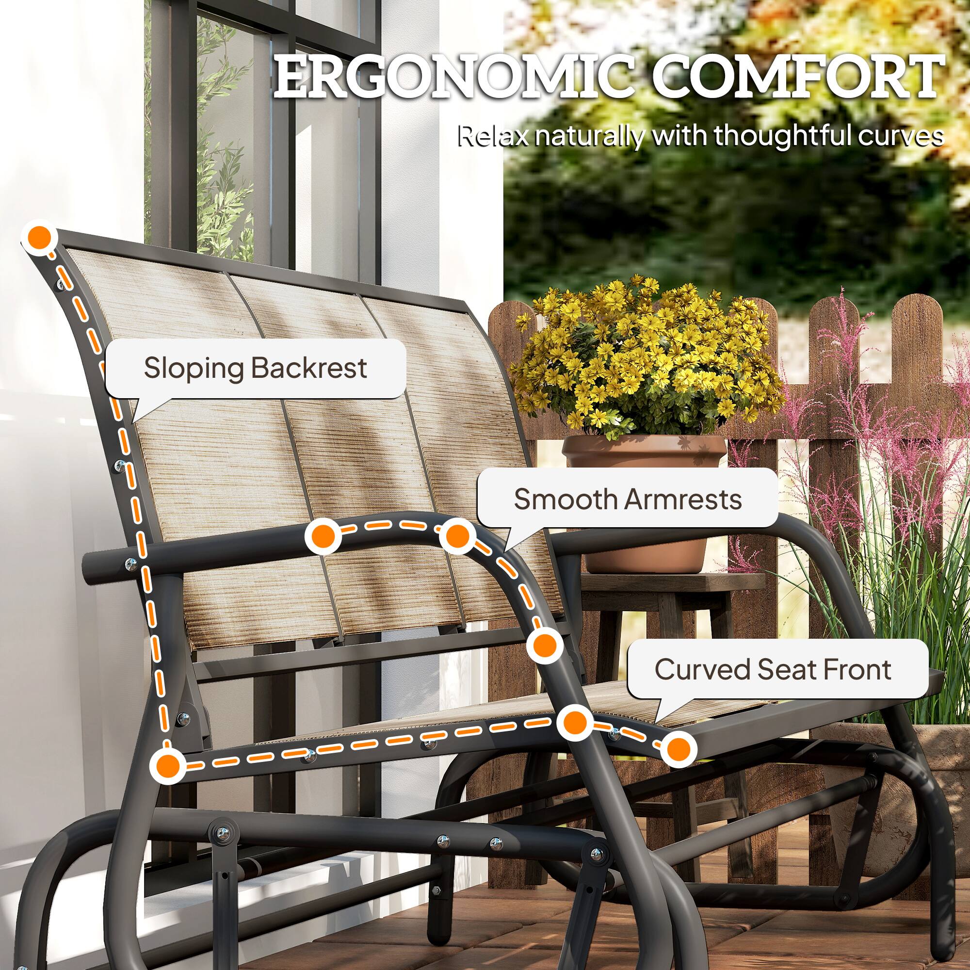 ERGONOMIC COMFORT  
Relax naturally with thoughtful curves  

- Sloping Backrest  
- Smooth Armrests  
- Curved Seat Front