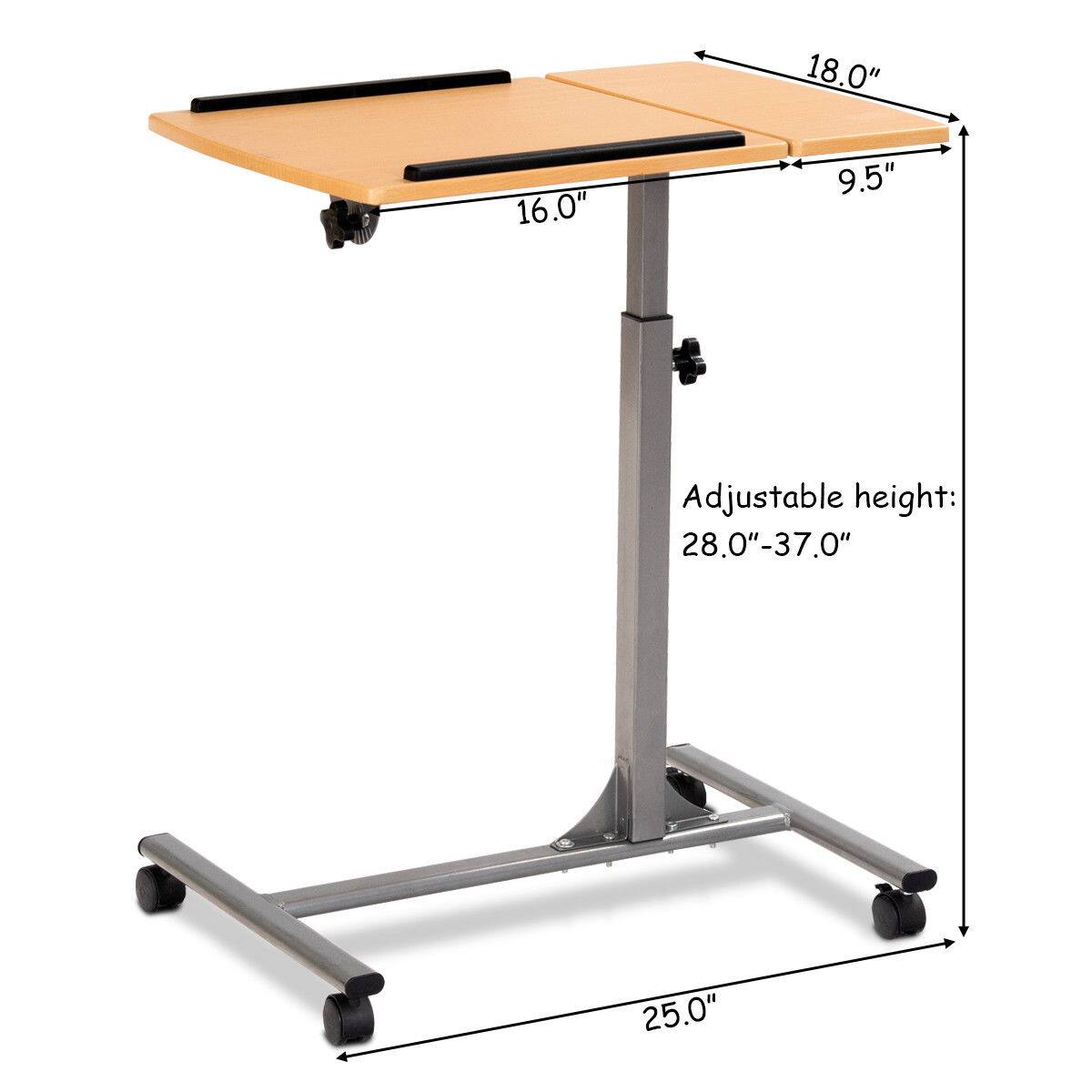 The image features a table with a black top and silver legs. The table is adjustable in height, with the ability to reach 28.0"-37.0" in height. The table is made of wood and has a black top. The legs of the table are made of metal, providing stability and support. The table is designed to be a convenient and versatile workspace for various tasks.