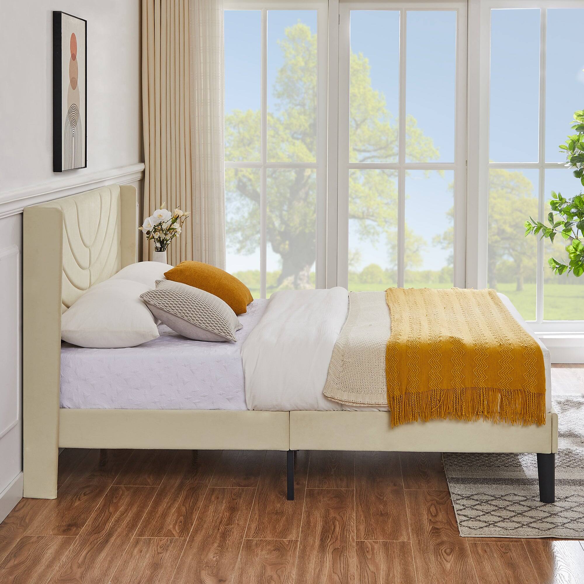 Back. Vecelo - Upholstered Platform Queen Bed Frame with Fabric Headboard,Wooden Slats Support/No Box Spring Needed/Mattress Foundation - Beige.