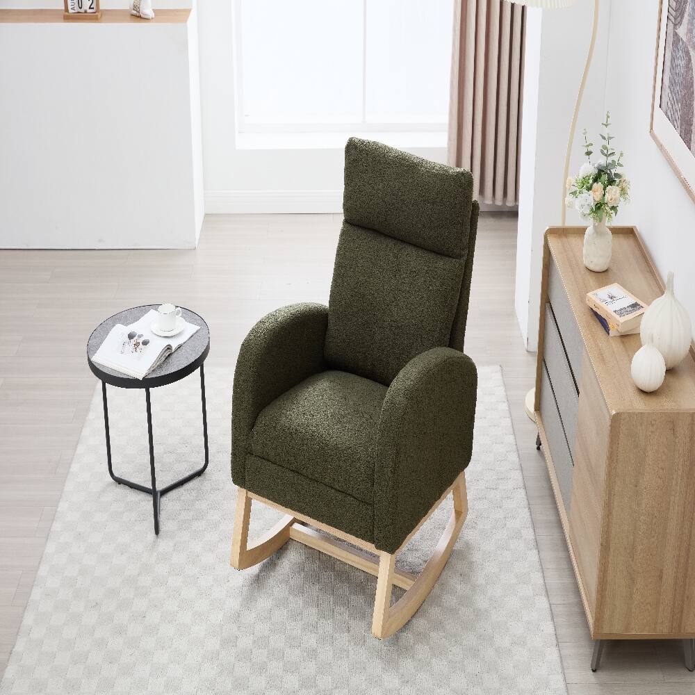 Alt View 7. Loheer - Loheer Green Teddy Fabric Nursery Rocking Chair with Adjustable Footstool Solid Wood Base Leisure Rocker - Green.