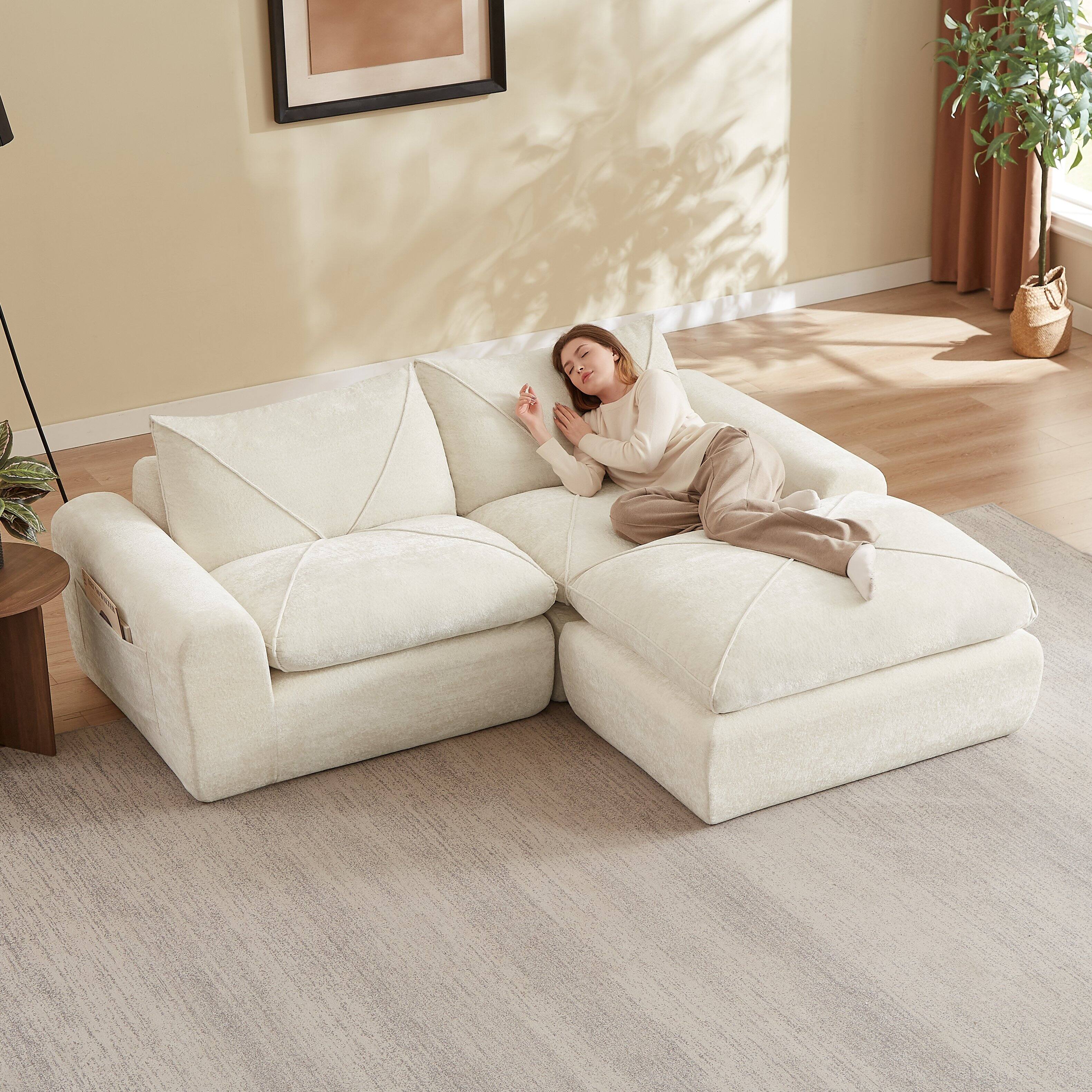 Left. Loheer - Loheer Modern Chenille Sectional Sofa with Ottoman Minimalist L Shaped Couch for Living Room Apartment 86 Inch - Beige.