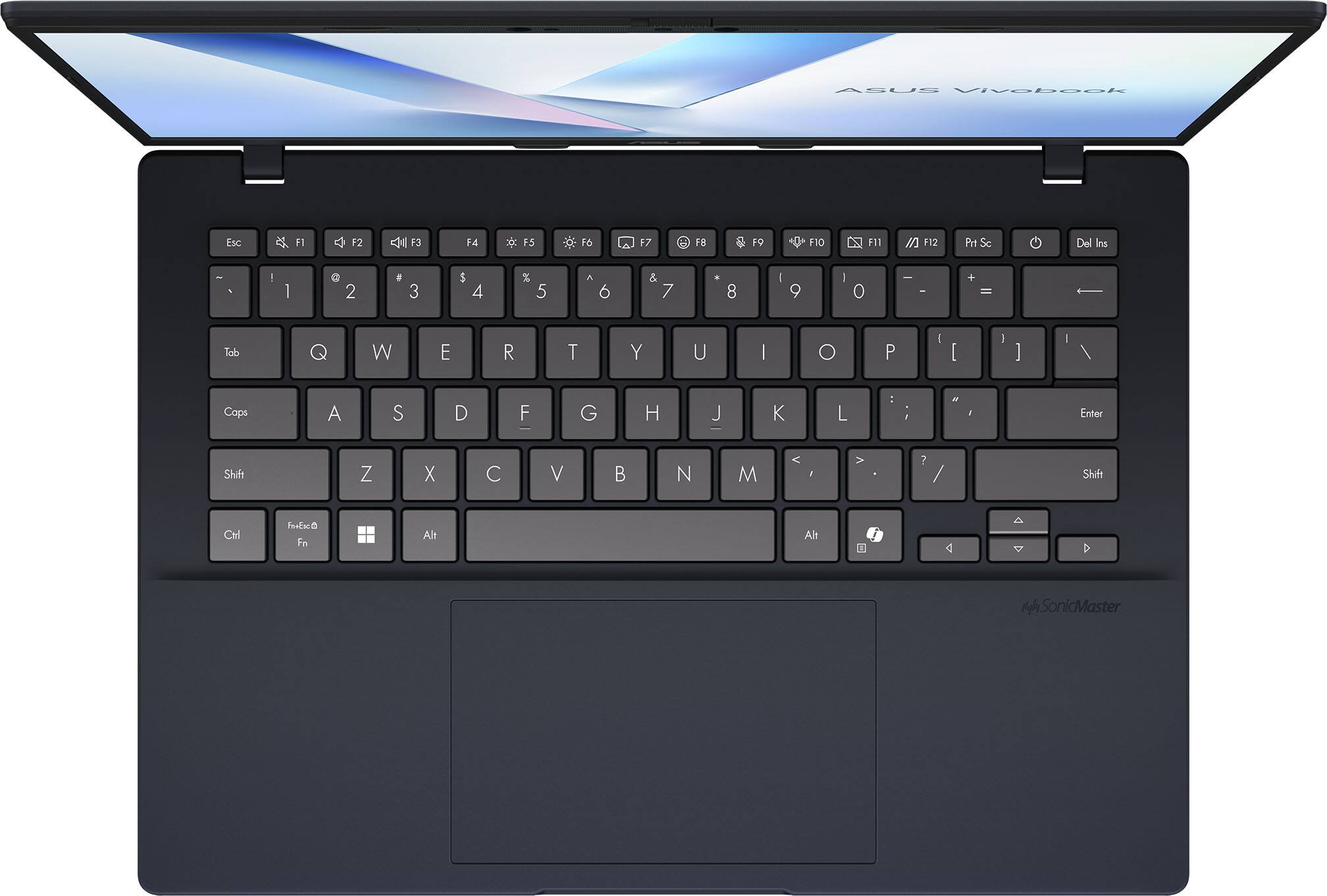 ASUS VivoBook

Esc F1 F2 F3 F4 F5 F6 F7 F8 F9 F10 F11 F12 Prt Sc Del Ins

Tab Q W E R T Y U I O P [ ] \ 

Caps A S D F G H J K L ; '

Shift Z X C V B N M , . / 

Ctrl Fn Windows Alt Spacebar Alt

Ctrl Fn Esc

Fn SonicMaster
