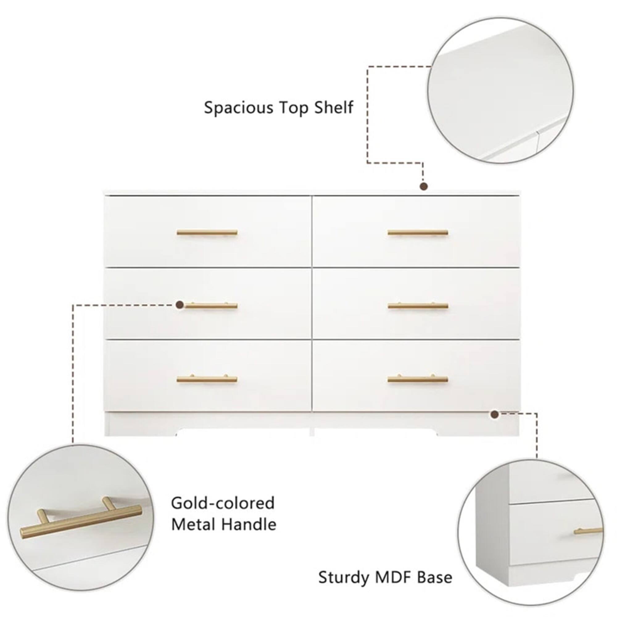 Spacious Top Shelf  
Gold-colored Metal Handle  
Sturdy MDF Base