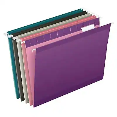 Front. Pendaflex - Reinforced Hanging File Folders, 1/5 Tab, Letter Size, Assorted Jeweltone Colors, 25/Box - Assorted Colors.