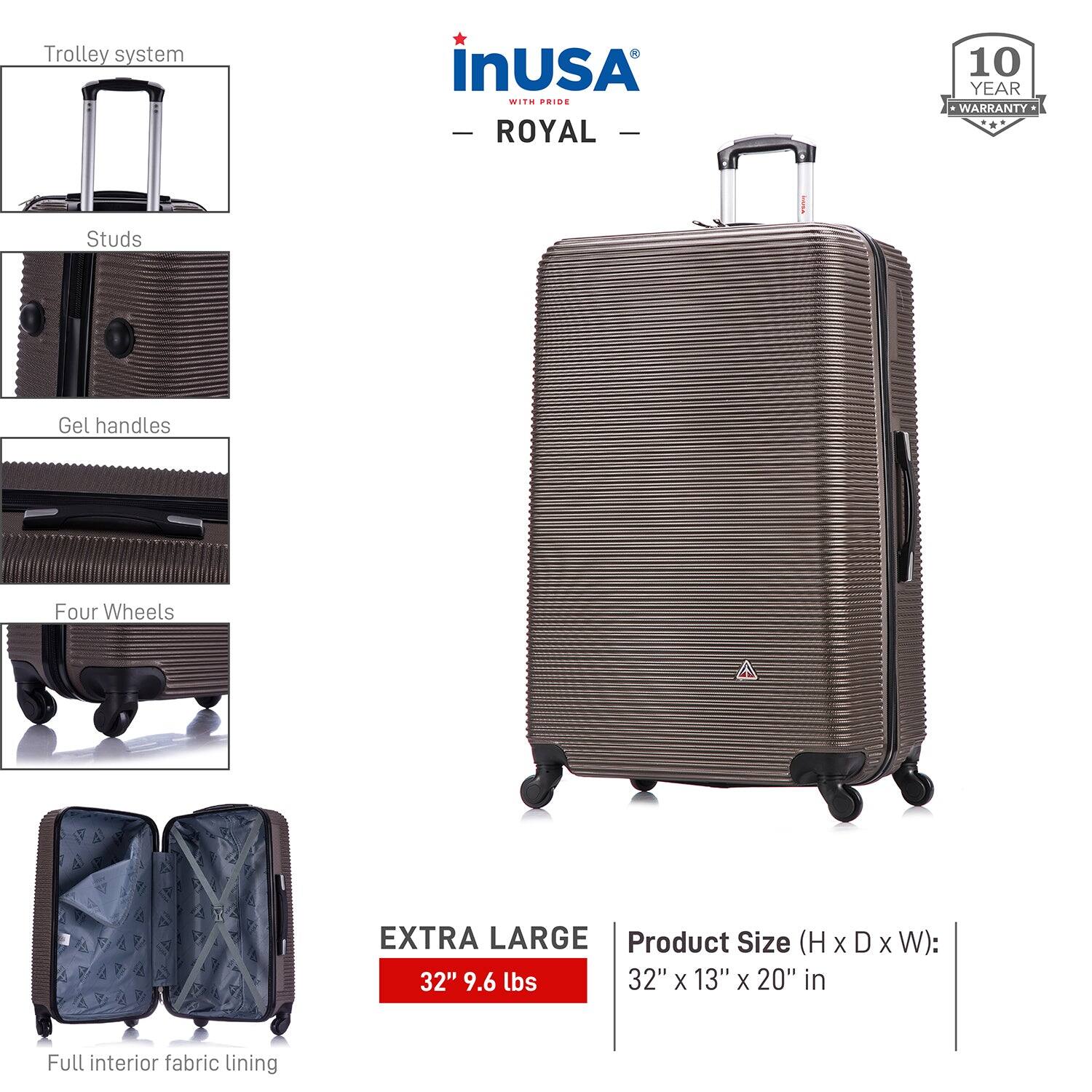 - **Trolley system**
- **Studs**
- **Gel handles**
- **Four Wheels**
- **Full interior fabric lining**

**Product Size (H x D x W):** 32" x 13" x 20" in

**EXTRA LARGE**  
32" 9.6 lbs

**10 YEAR WARRANTY**