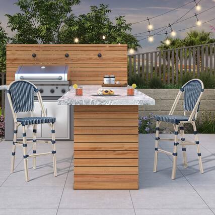 Front. PURPLE LEAF - French Counter Height Bar Stool Set of 2 Patio Bar Chairs with Back Rattan Bar Chairs French Bistro Set - White Frame/Royal Blue-Counter Stool.