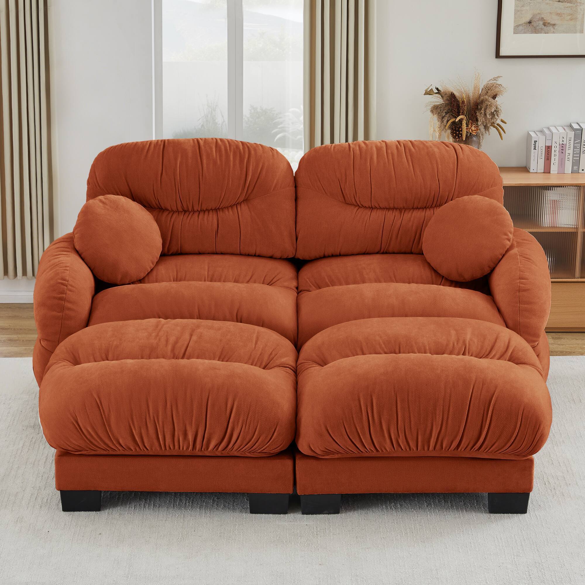Left. Anysun - L Shape 2-Seater Modular Sofa with 2 Ottomans, High-Density Foam & Curved Armrests, Pleated Design for Living Room - Orange.