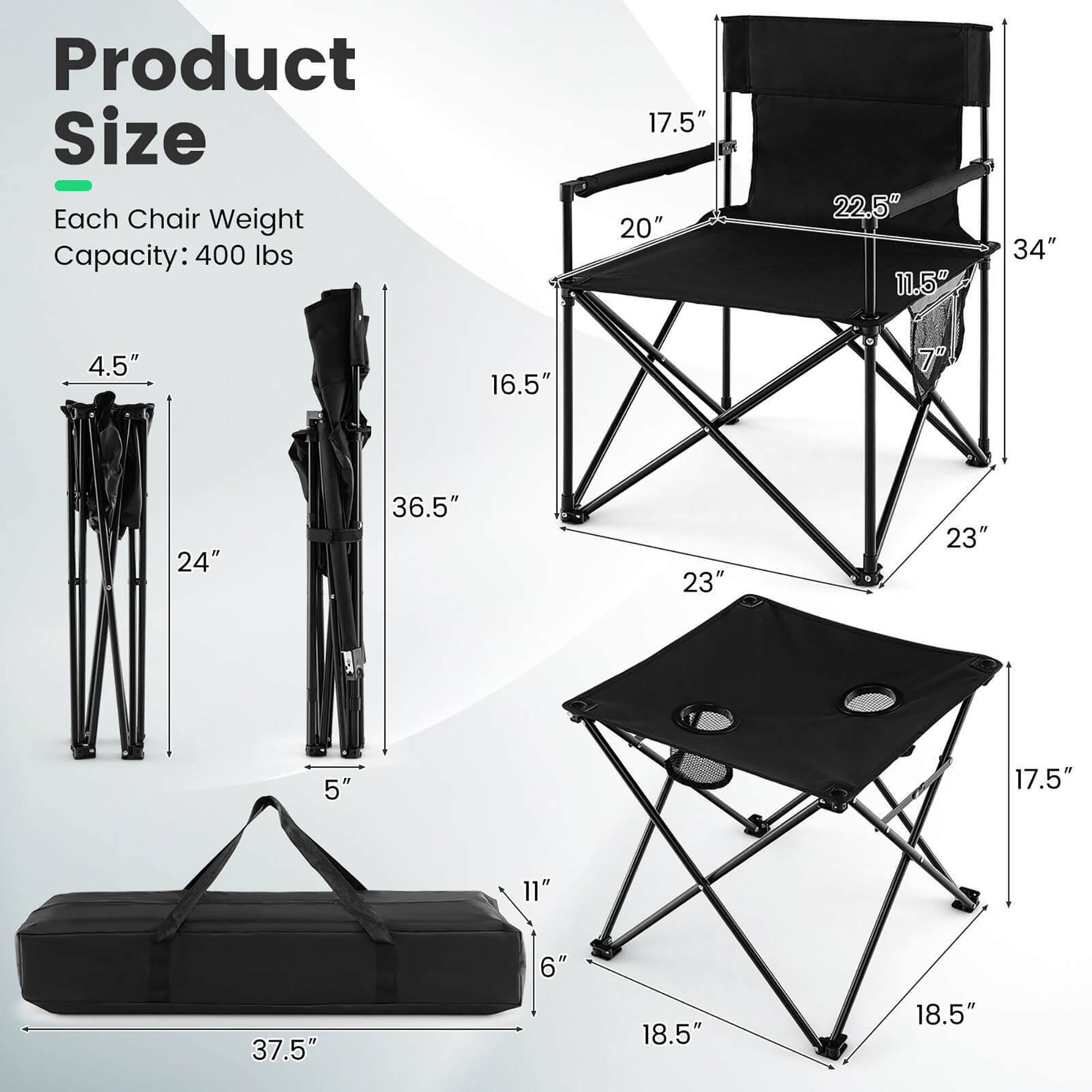 Product Size  
Each Chair Weight Capacity: 400 lbs  

- 17.5"  
- 20"  
- 22.5"  
- 11.5"  
- 34"  
- 4.5"  
- 16.5"  
- 7"  
- 24"  
- 36.5"  
- 23"  
- 23"  
- 5"  
- 17.5"  
- 11"  
- 37.5"  
- 6"  
- 18.5"  
- 18.5"