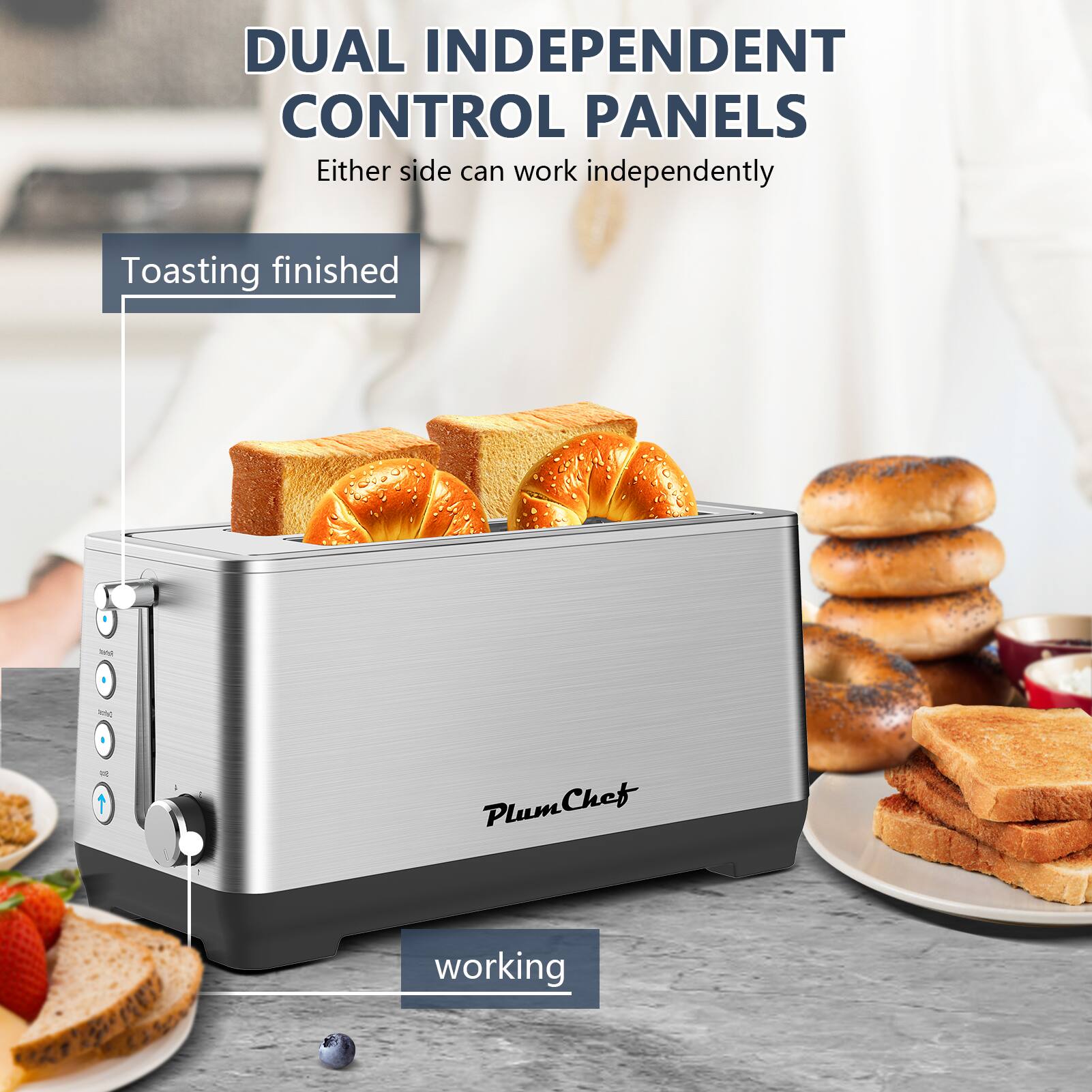 DUAL INDEPENDENT CONTROL PANELS  
Either side can work independently  

Toasting finished  

working  

PlumChef