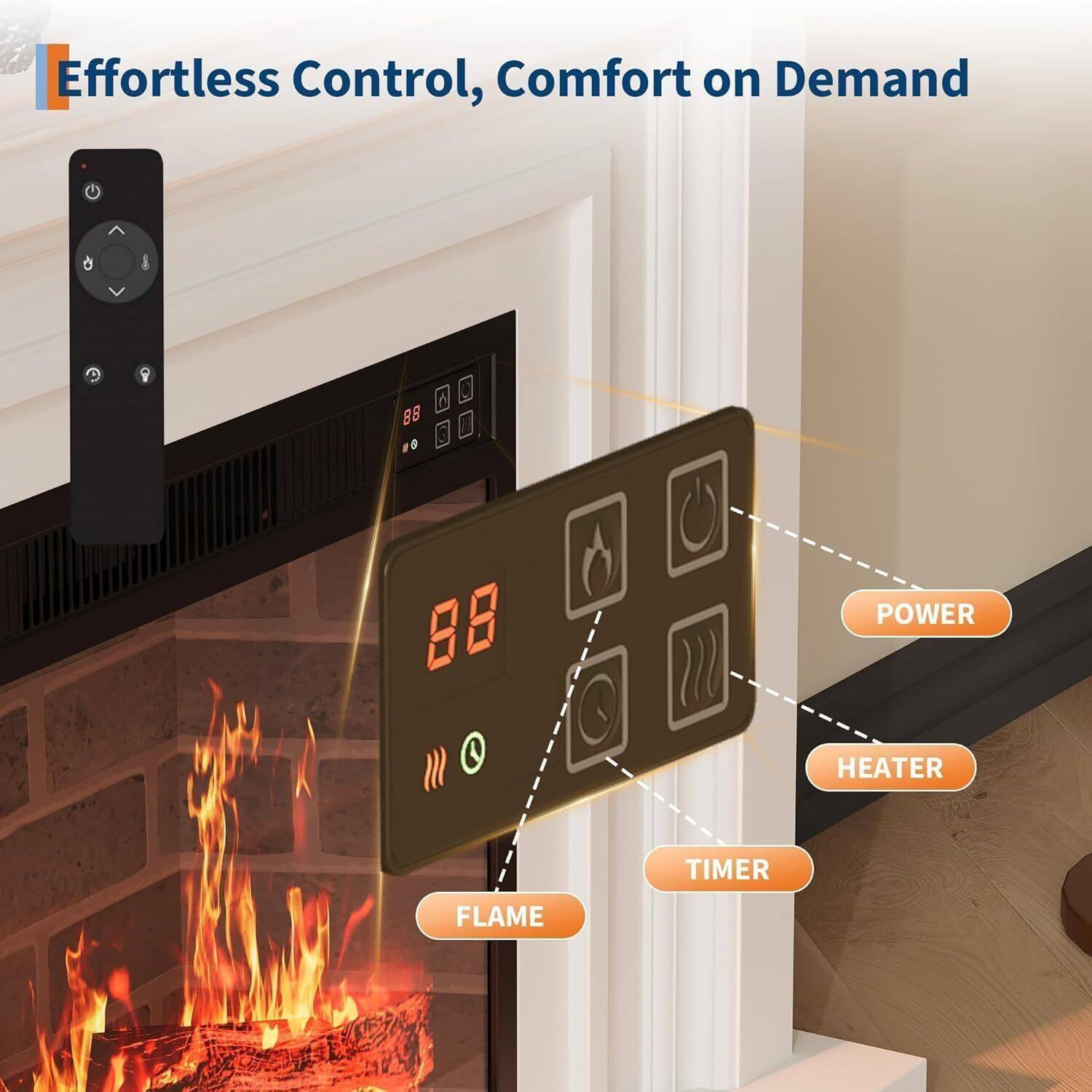 Effortless Control, Comfort on Demand

- POWER
- HEATER
- TIMER
- FLAME