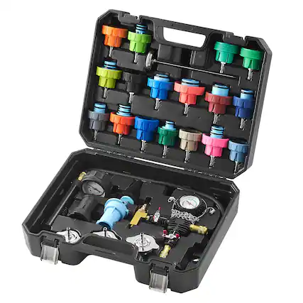 Front. VEVOR - 28 pcs Universal Radiator Pressure Tester Kit, Coolant Pressure Tester Kit with Manual Pump and Color-coded Test Caps - Black.