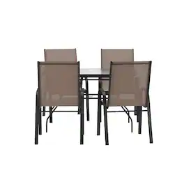 Emma + Oliver - Bartlett 5 Piece Outdoor Dining Set with Tempered Glass Top Patio Table and 4 Flex Comfort Textilene Stacking Chairs - Brown