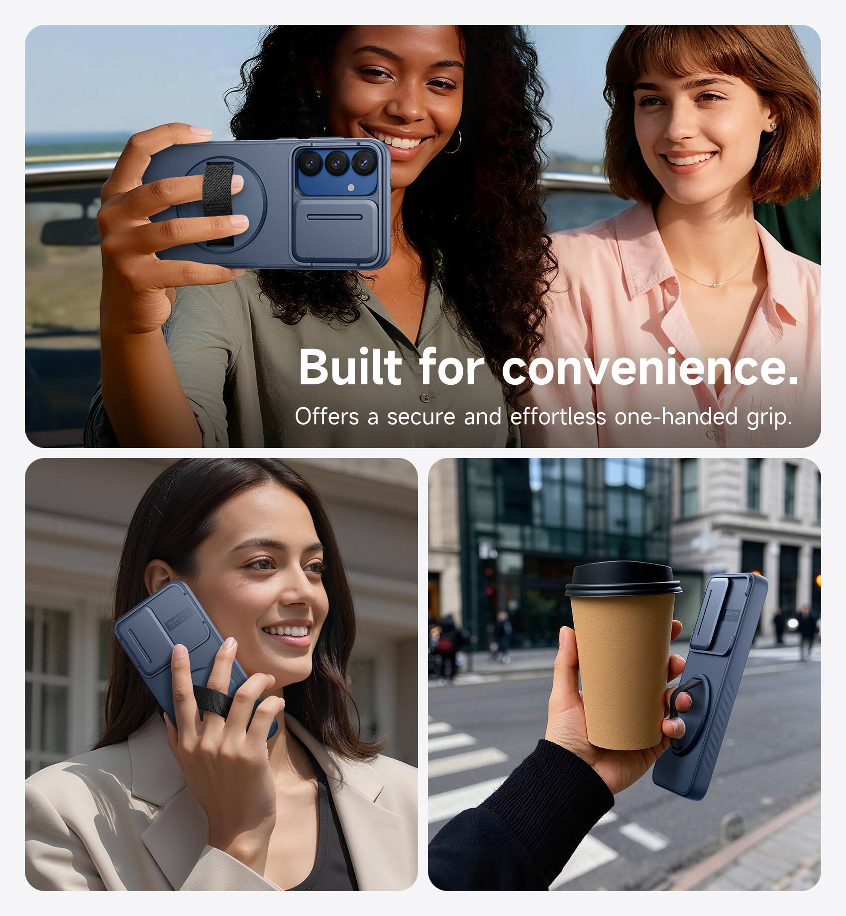Built for convenience.  
Offers a secure and effortless one-handed grip.
