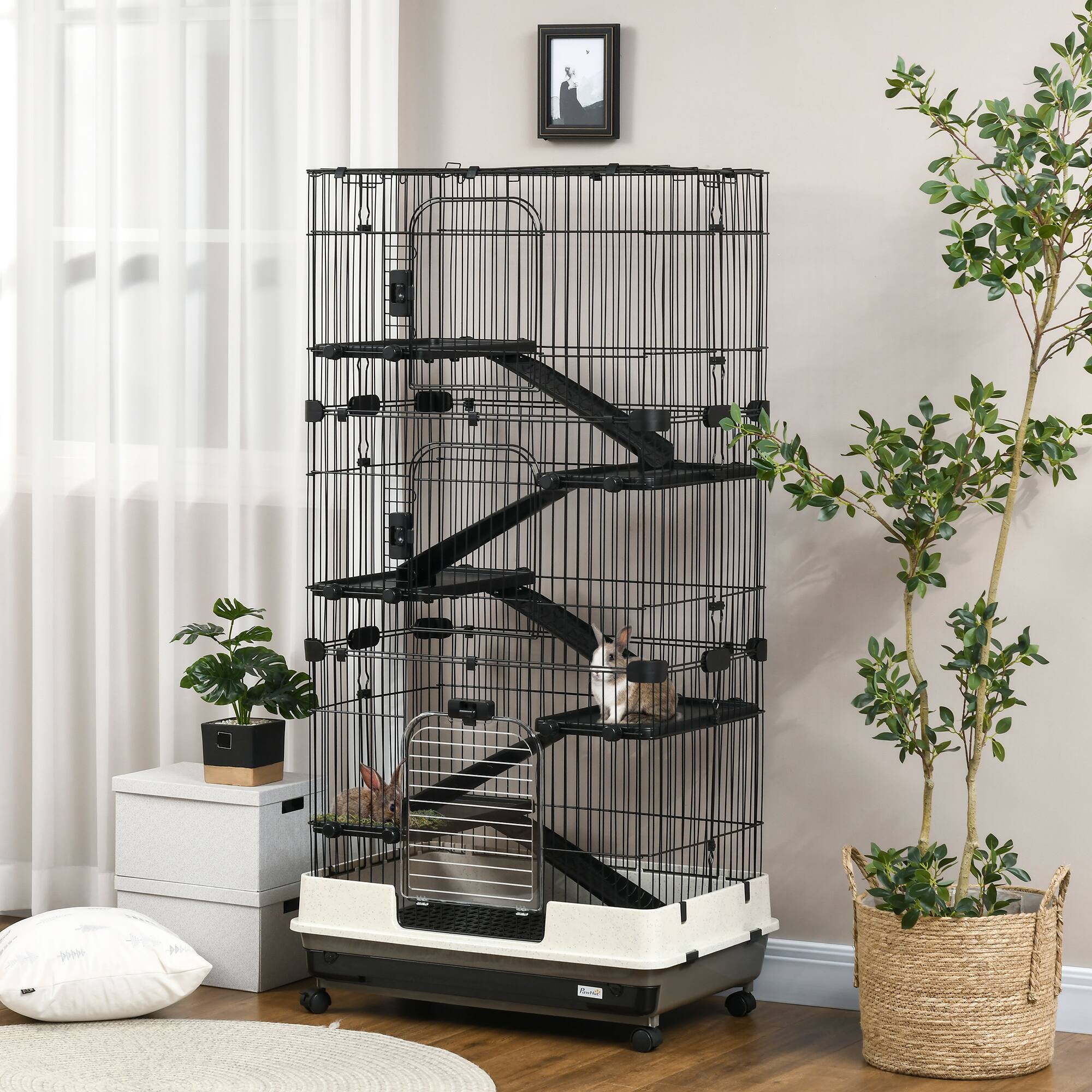 Angle. Pawhut - 6-Level Small Animal Cage Rabbit Hutch with Wheels, Removable Tray, Platform and Ramp for Bunny, Chinchillas.