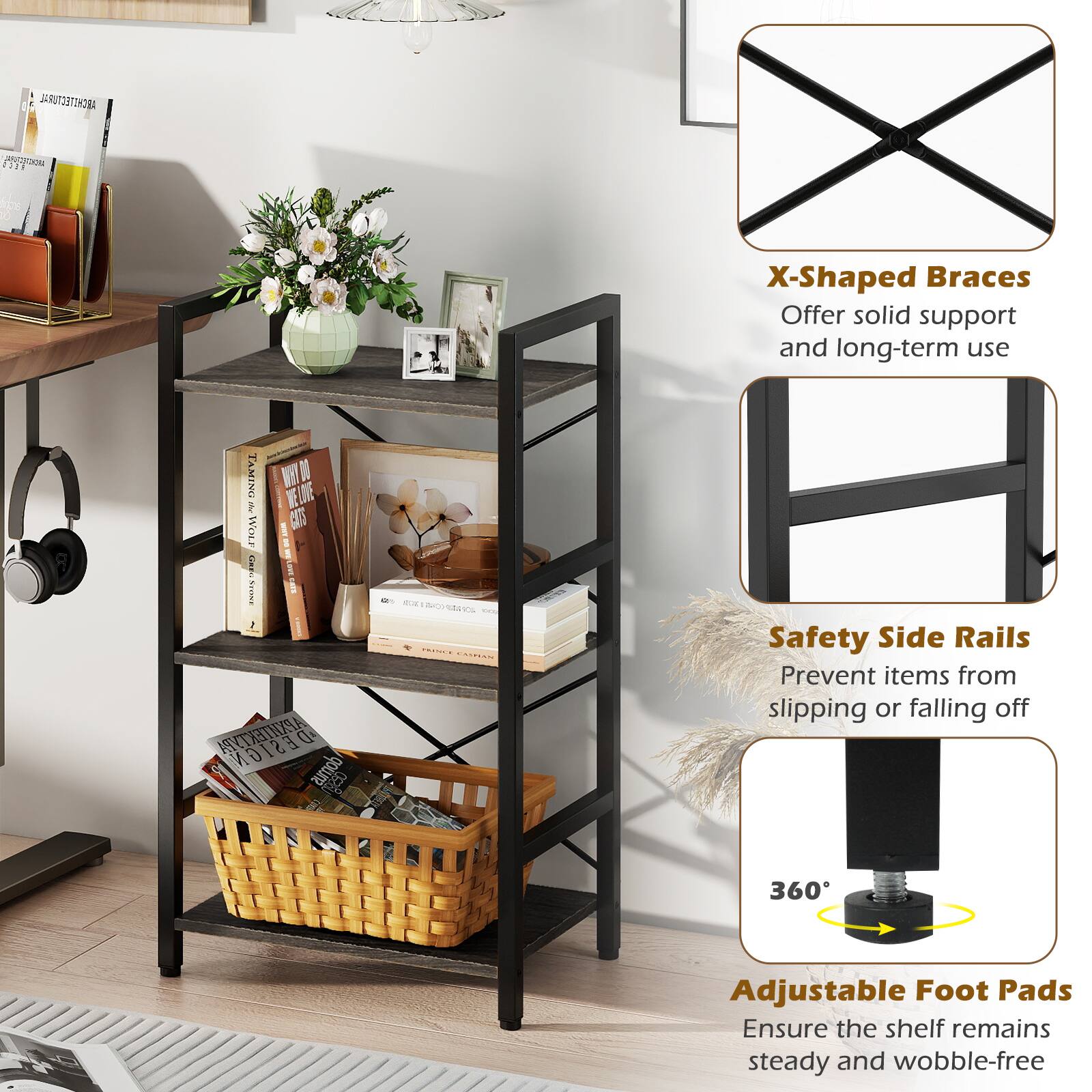 **X-Shaped Braces**  
Offer solid support and long-term use

**Safety Side Rails**  
Prevent items from slipping or falling off

**360° Adjustable Foot Pads**  
Ensure the shelf remains steady and wobble-free