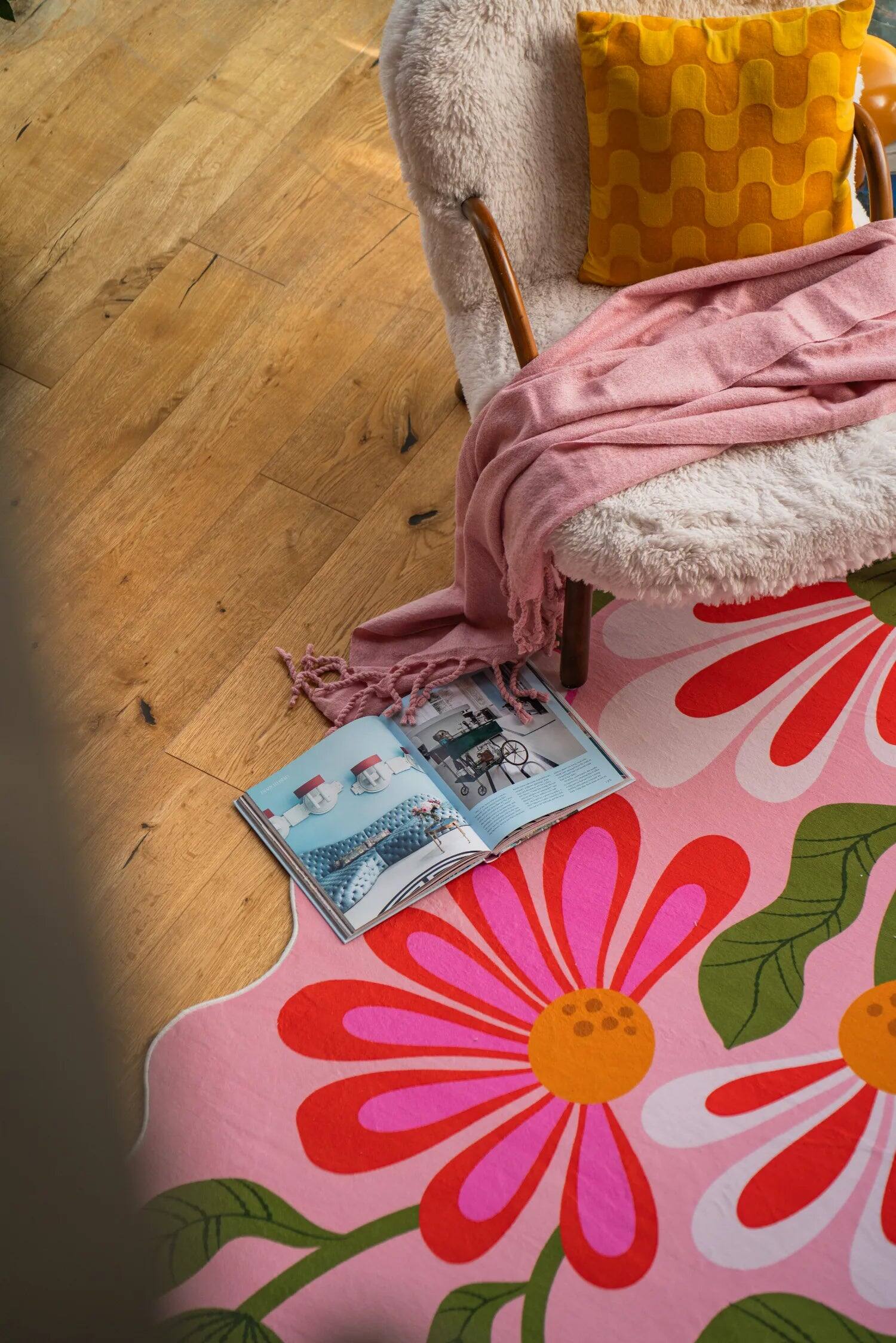 Alt View 4. Lanyspace - 7'x10' Area Rug, Washable Rugs, Non-Slip and Tear-Resistant Soft Carpet, Pink Base Pink Floral Wavy Rug for Home Decor - Multicolor.