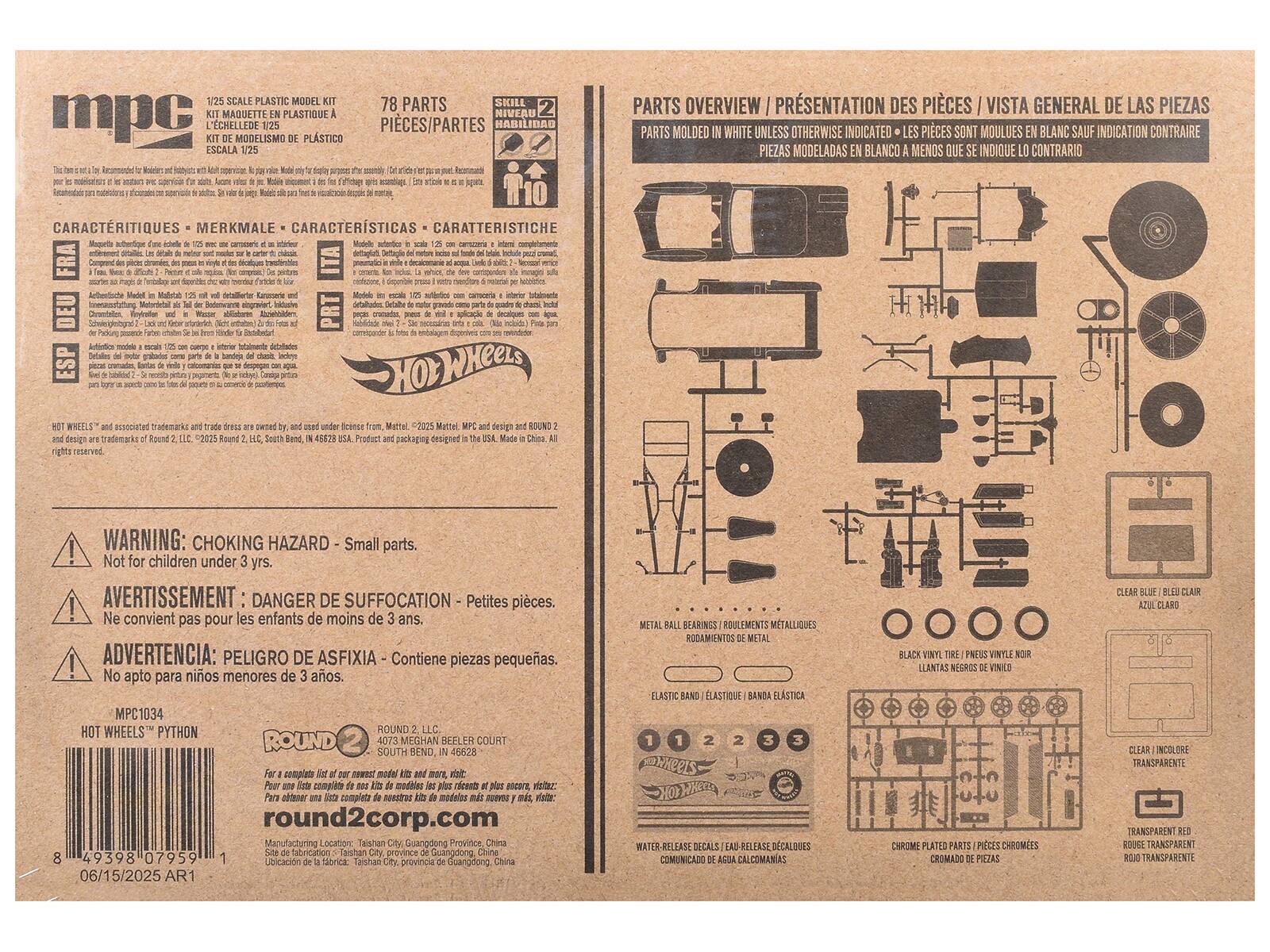 **1:25 SCALE PLASTIC MODEL KIT**  
**KIT MAQUETTE EN PLASTIQUE À L'ÉCHELLE DE 1/25**  
**KIT DE MODELO DE PLASTICO A ESCALA 1/25**

This kit is not for children. Hobbyists only.  
Este kit no es para niños. Solo para aficionados.  
Ce kit n'est pas pour les enfants. Pour les amateurs uniquement.

**CARACTERÍSTIQUES - MERKMAL - CARACTERÍSTICAS**  
- Magique autochaine, grille de 1/25 avec une caméra de surveillance.  
- Autochaine, grille de 1/25 avec une caméra de surveillance.  
- Magique autochaine, grille de 1/25 avec une caméra de surveillance.

**HOT WHEELS**  
**HOT WHEELS**  
**HOT WHEELS**

**PARTS OVERVIEW / PRÉSENTATION DES PIÈCES / VISTA GENERAL DE LAS PIEZAS**  
**PARTS MOLDED IN WHITE UNLESS OTHERWISE INDICATED - LES PIÈCES SONT MOULÉES EN BL