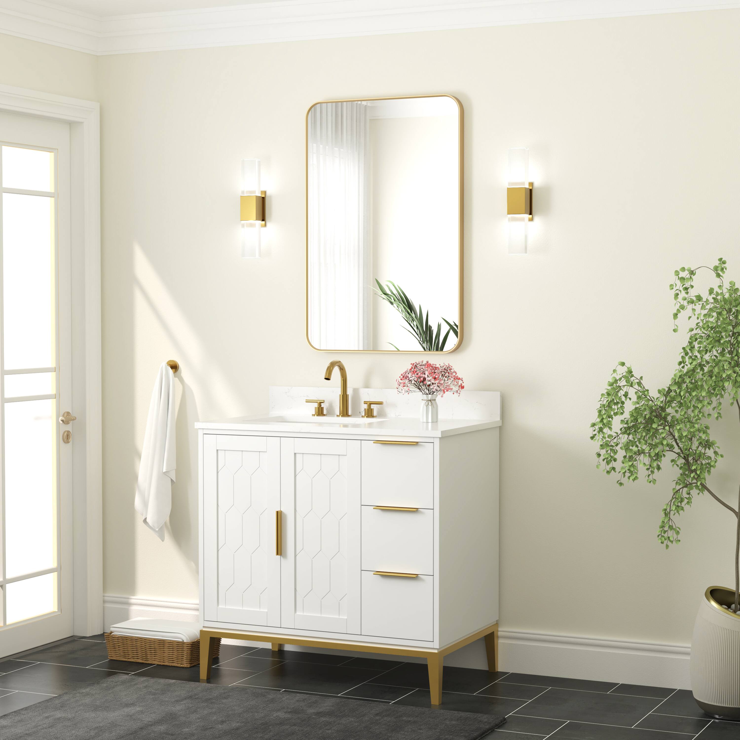 Angle. WELLFOR - 24 in. W. x 36 in. H Rectangular Aluminum Framed Wall-Mounted Bathroom Vanity Mirror - Brushed Gold.