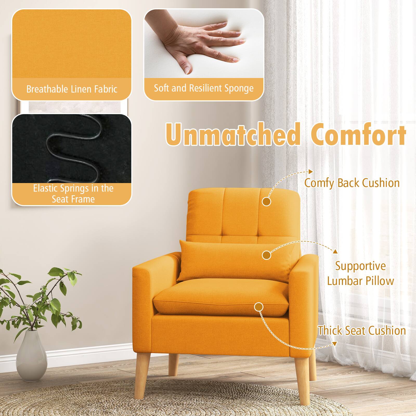 Breathable Linen Fabric, Soft and Resilient Sponge, Elastic Springs in the Seat Frame, Comfy Back Cushion, Supportive Lumbar Pillow, Thick Seat Cushion, Unmatched Comfort