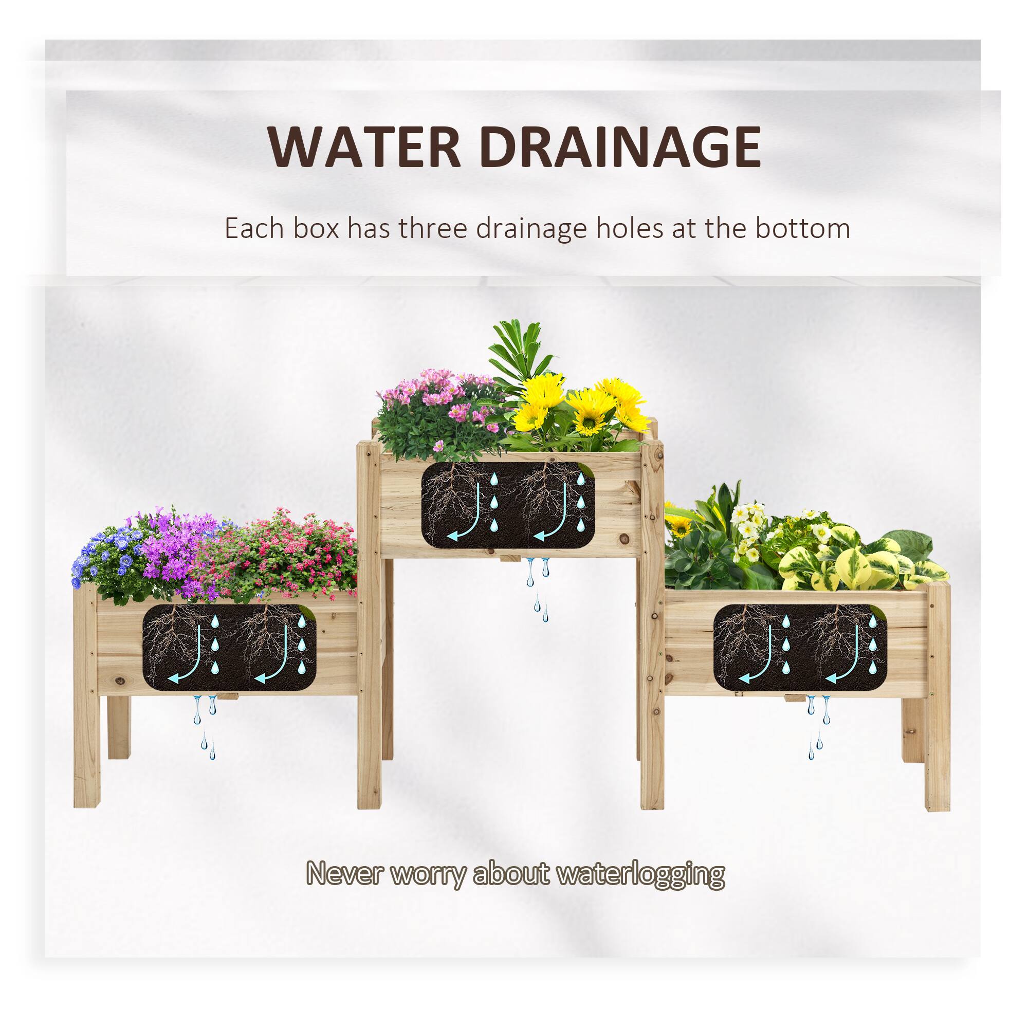 WATER DRAINAGE
Each box has three drainage holes at the bottom
Never worry about waterlogging