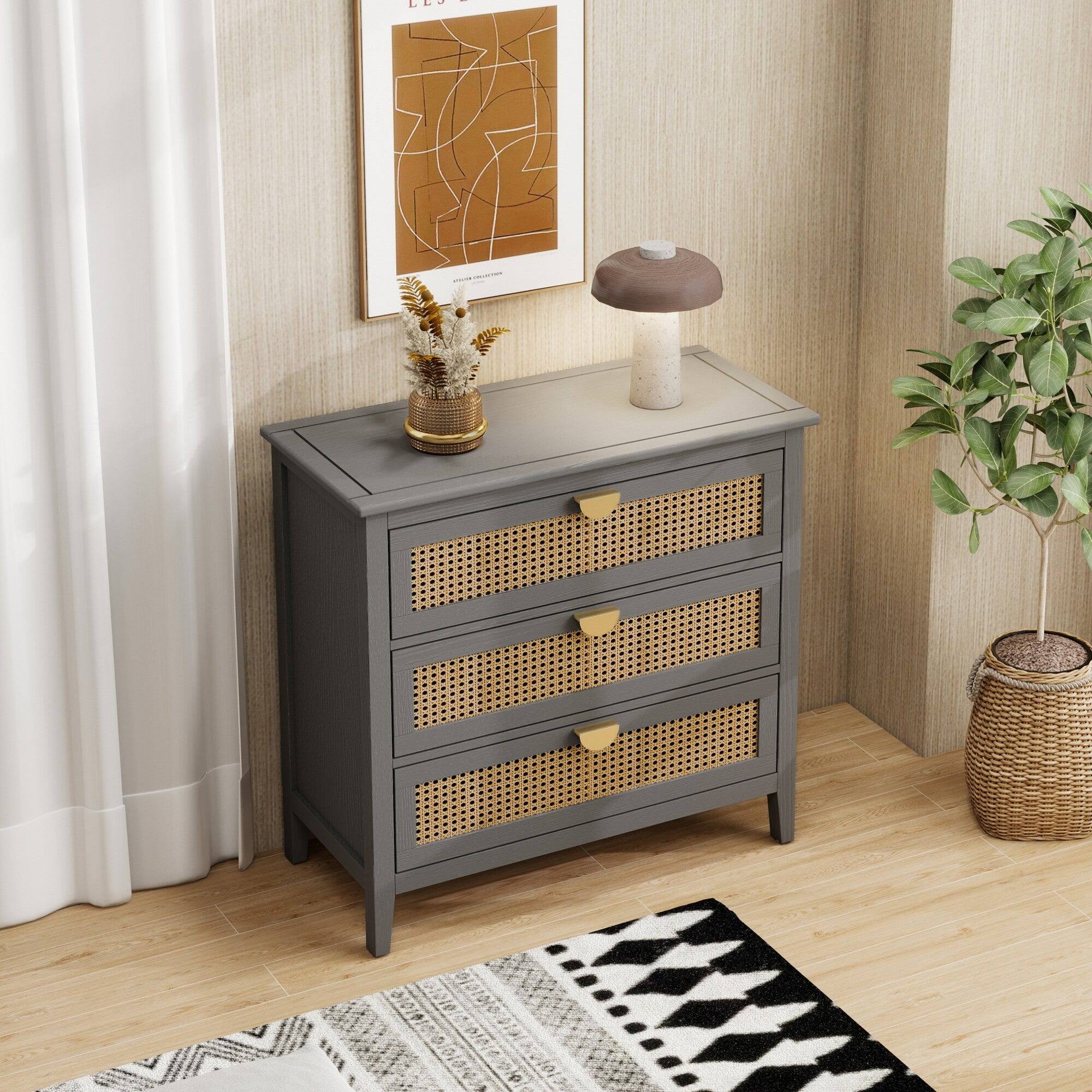 Alt View 5. Boyel Living - Gray 30 in. 3 Drawer Cabinet, Natural rattan Suitable for bedroom, living room, study - Gray.