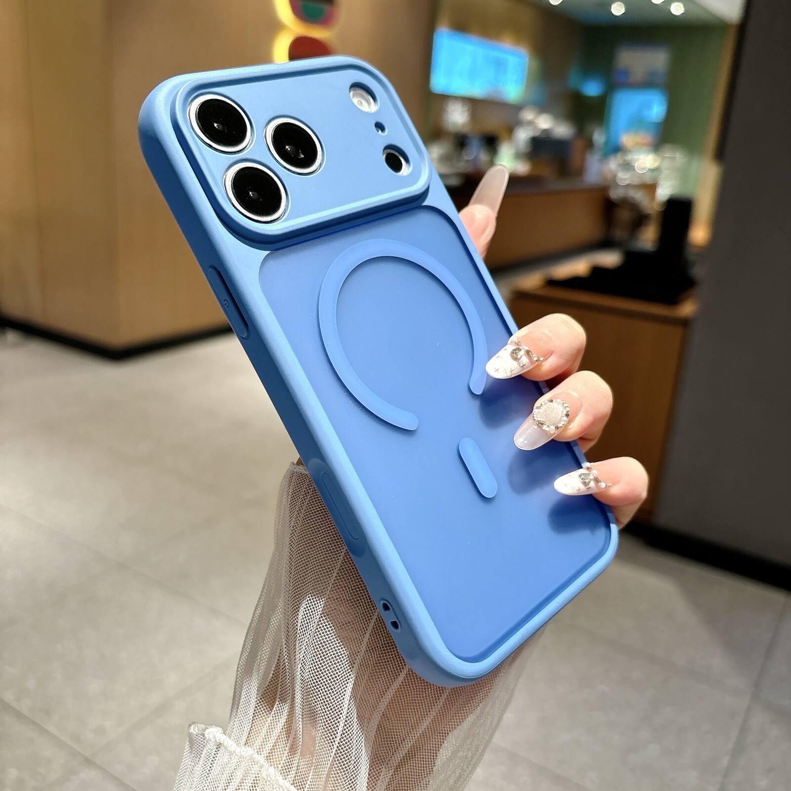 Angle. UUCOVER - Magnetic Translucent Matte Case for Apple iPhone 18 Pro Compatible with MagSafe, Raised Edge Protection Shockproof Cover - Skyblue.