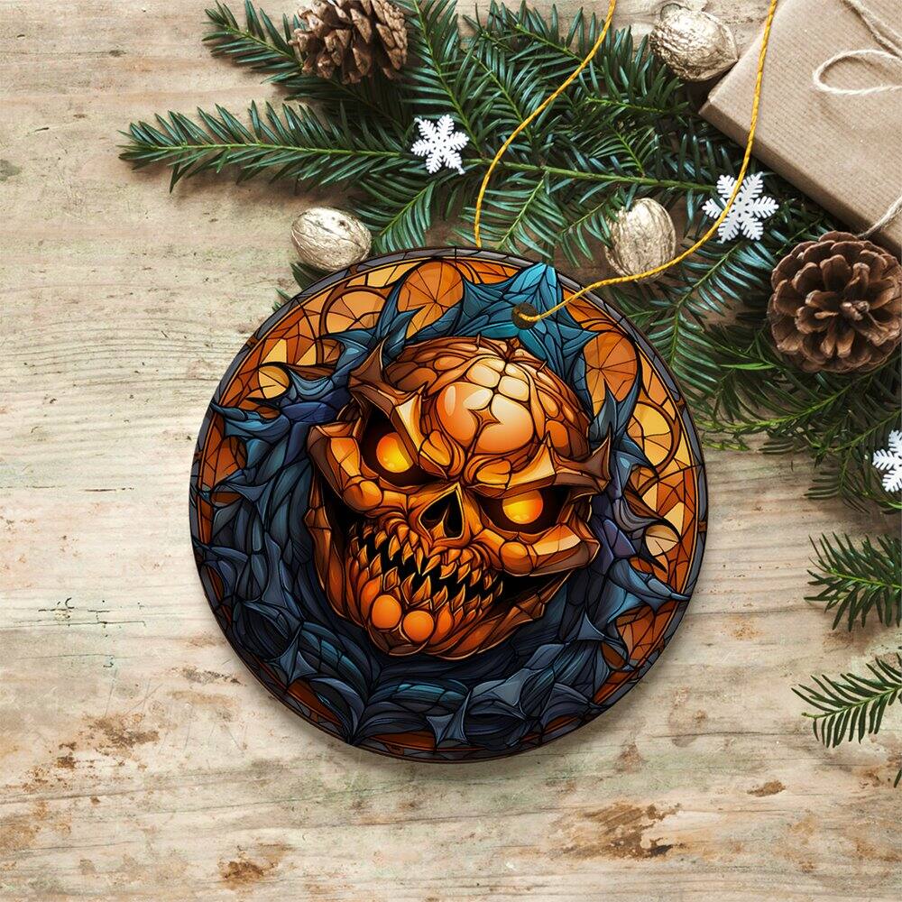 Back. OrnamentallyYou - Pumpkin Skull with Glowing Red Eyes Stained Glass Style Ceramic Ornament Halloween Themed Christmas - Multi-colored.