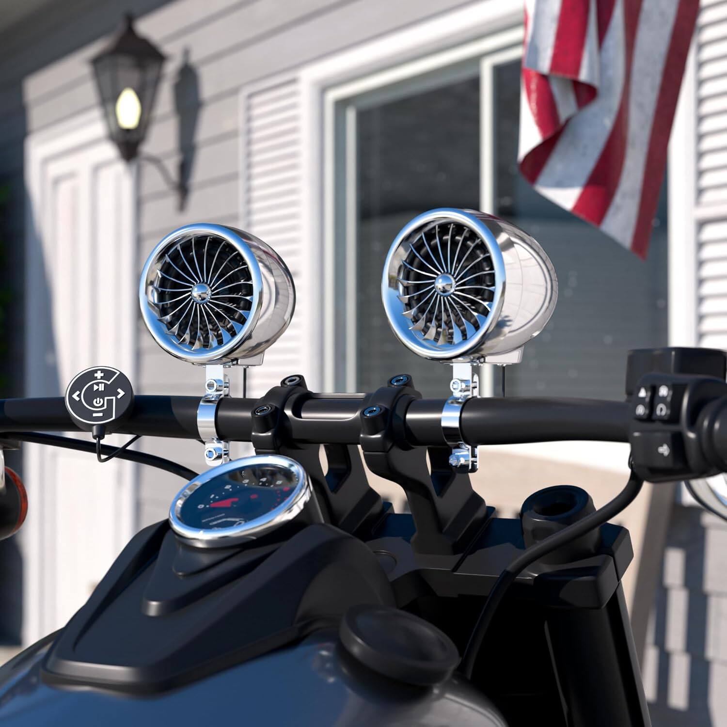 Back. GoHawk - Bluetooth Motorcycle Speakers:  Waterproof 2-Speaker Stereo Audio Sound System w/ Amp FM Radio AUX for ATV Golf Cart - Chrome.