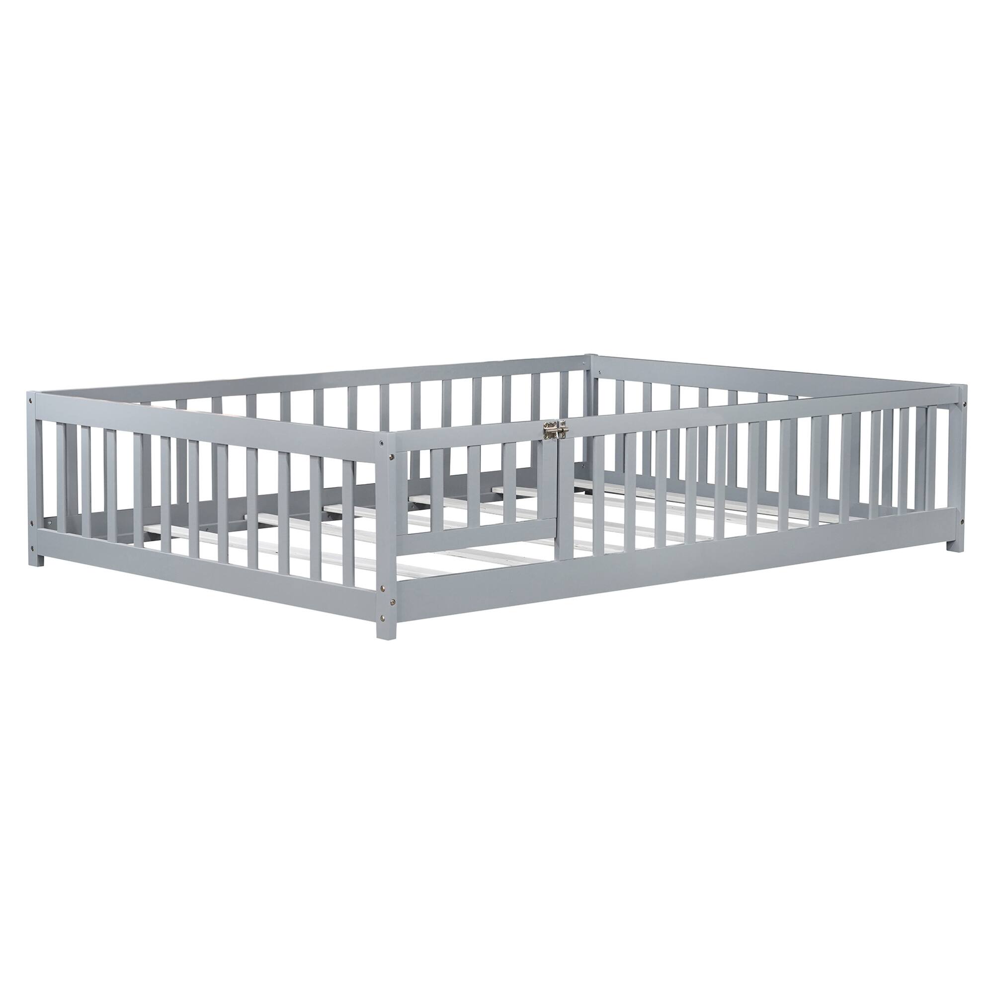 Alt View 8. GOODSILO - Full Size Low Profile Children's Floor Bed with Safety Guardrails and Entry Door, Solid Wood Construction - Grey.