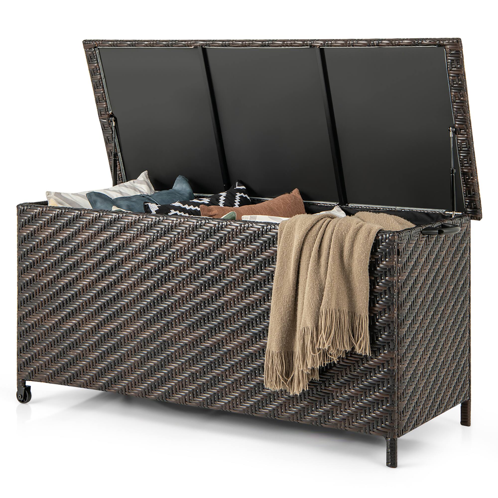 Alt View 8. Gymax - Gymax Tightly-Woven Rattan Deck Box w/ Polyester Liner Universal Wheels & Gas Strut Brown - Brown.