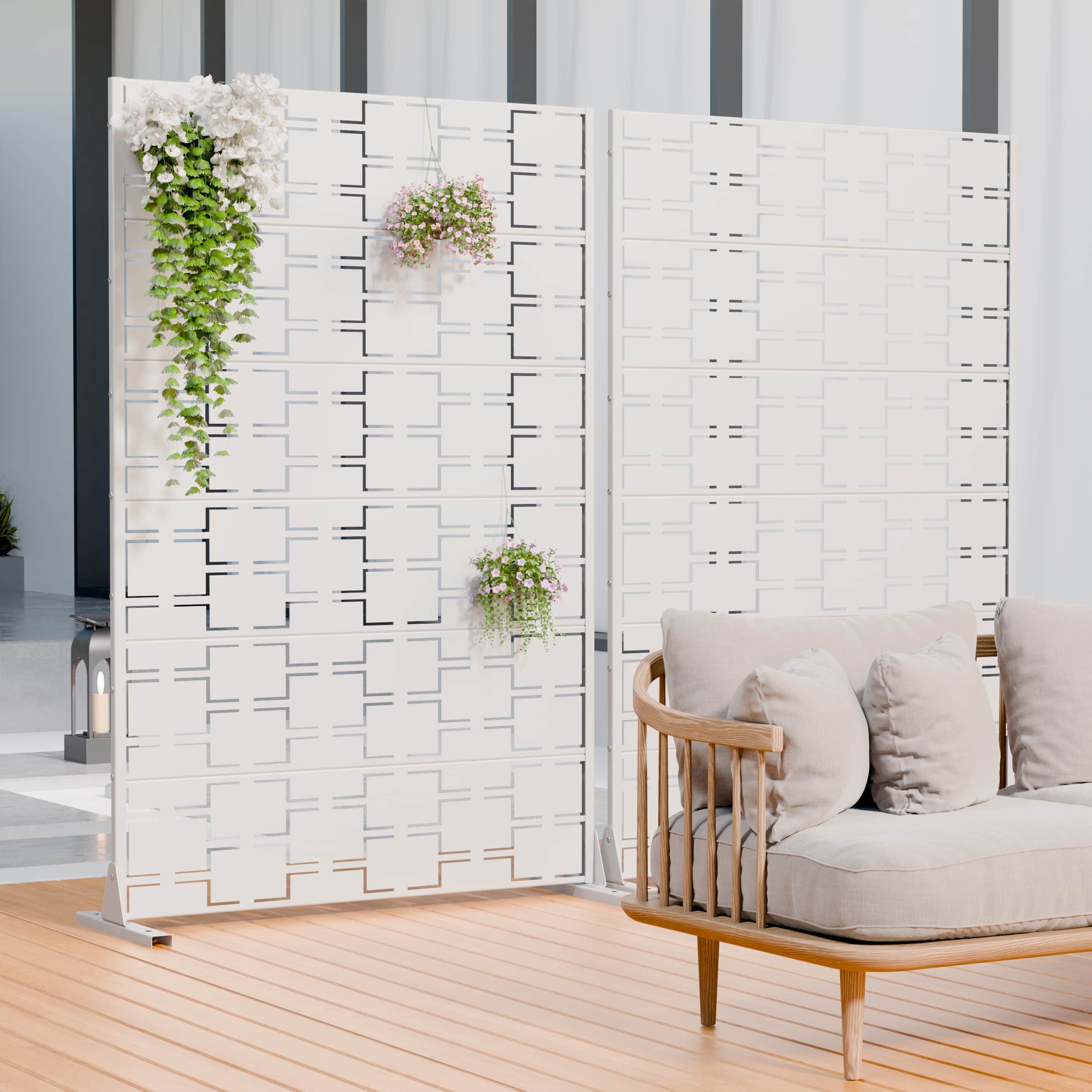 PexFix - 2-Pack 72"H Outdoor Privacy Screen Metal Cutout Privacy Fence Panels Weather-Resistant Freestanding Dividers - White