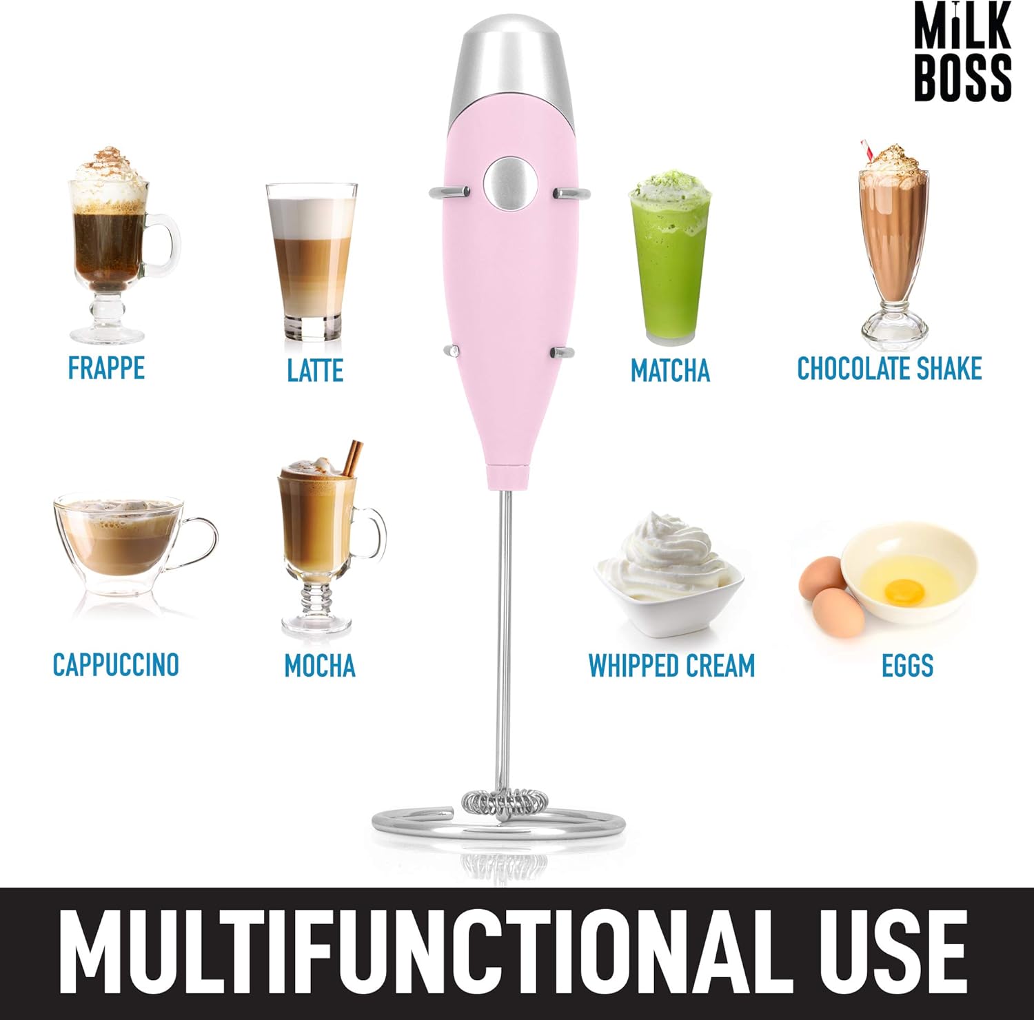 Milk Boss

Frappé  
Latte  
Matcha  
Chocolate Shake  
Cappuccino  
Mocha  
Whipped Cream  
Eggs  

Multifunctional Use