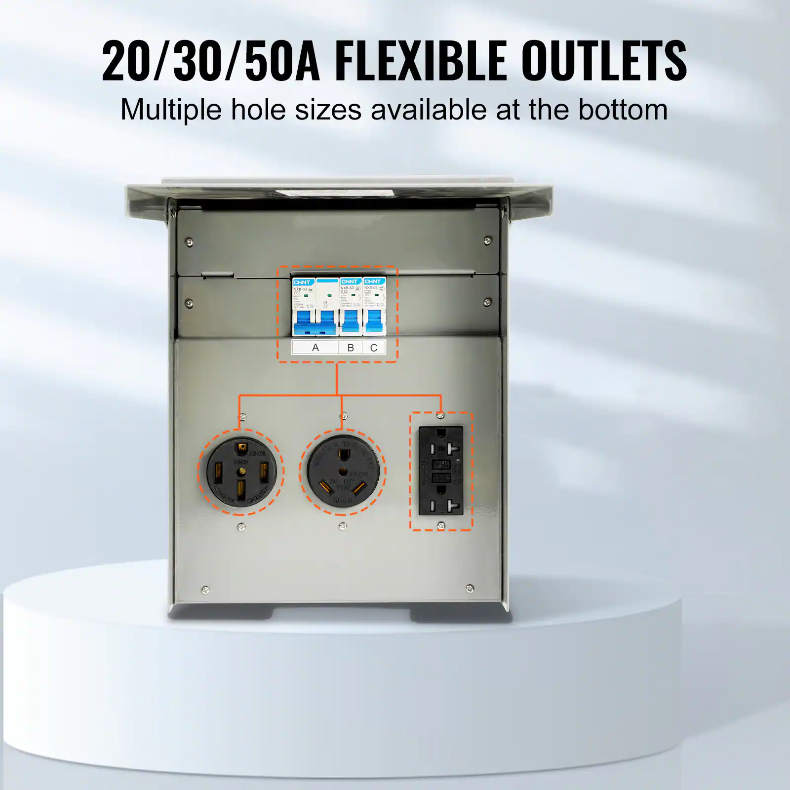 20/30/50A FLEXIBLE OUTLETS  
Multiple hole sizes available at the bottom
