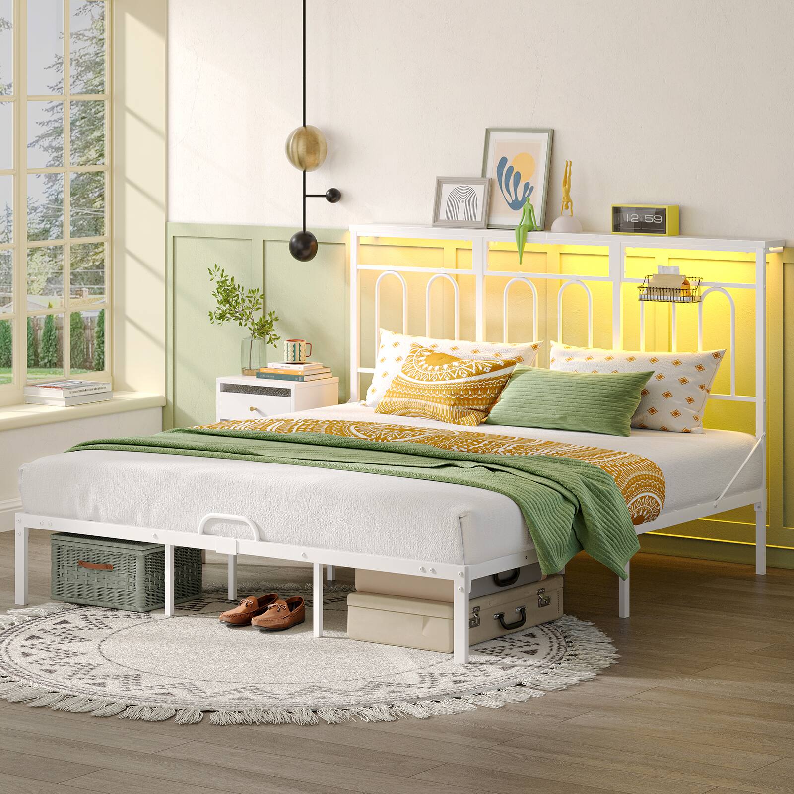 Angle. Pinmoco - Pinmoco - Platform Bed Frame with LED Storage Headboard & Charging Station Metal Platform Bed - White.