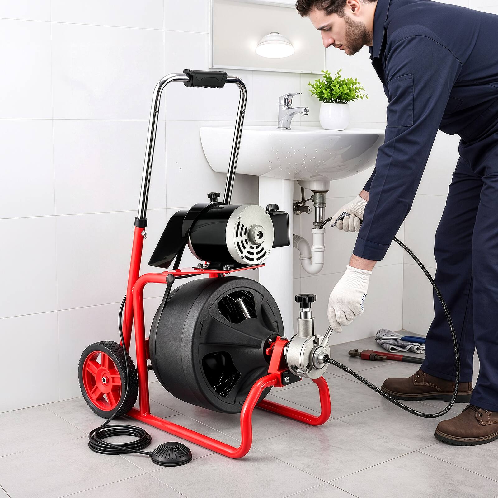 Alt View 6. Winado - 75 FT x 3/8 Inch Drain Cleaner Machine Auger Cleaning Auto Feed with Wheels, 8 Cutters, Gloves, Foot Switch for Drains - Red & Black.