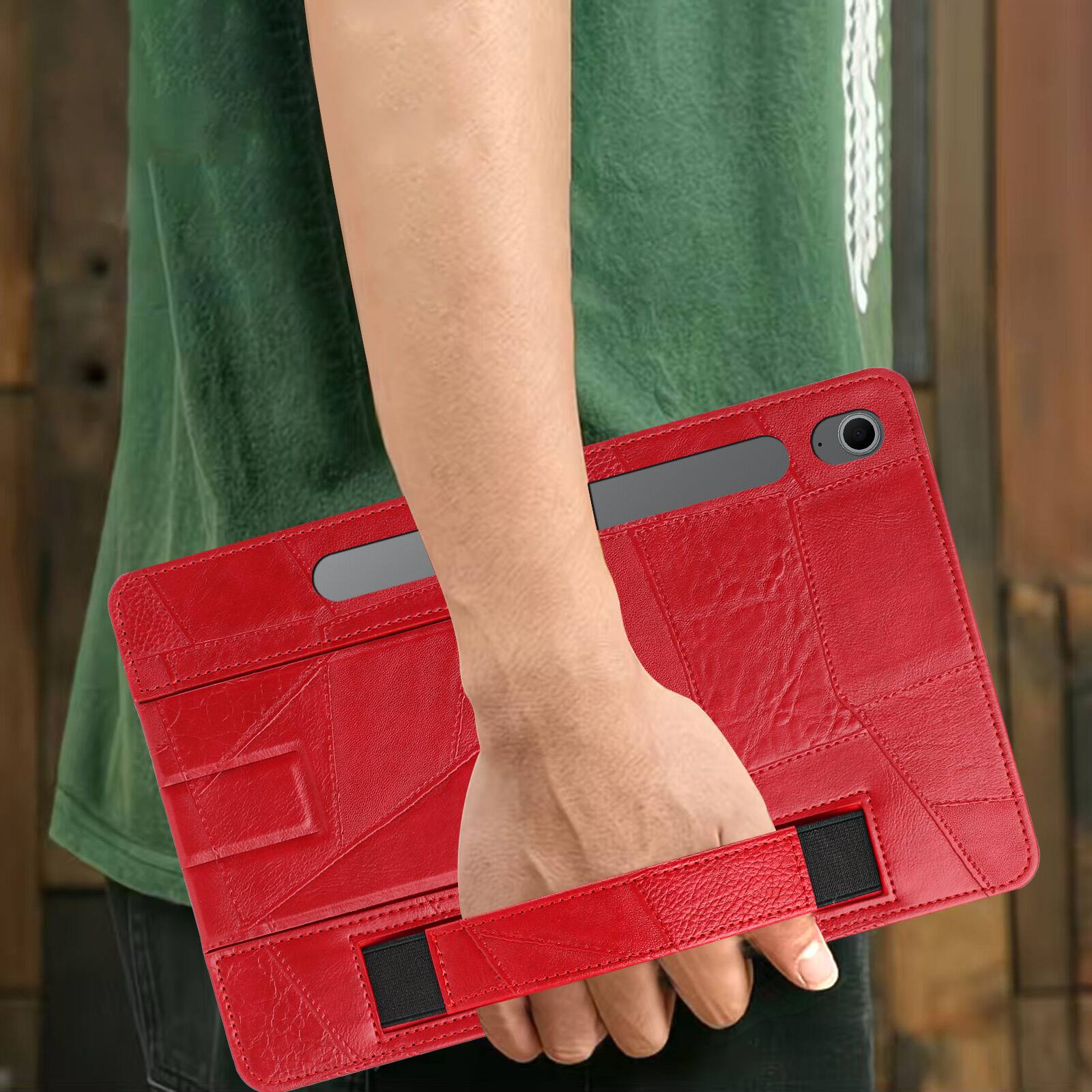Alt View 1. Dteck - Leather Texture Case for Samsung Galaxy Tab S10 FE, Shockproof Cover with Multi-Angle Stand and Secure Hand Strap - Red.